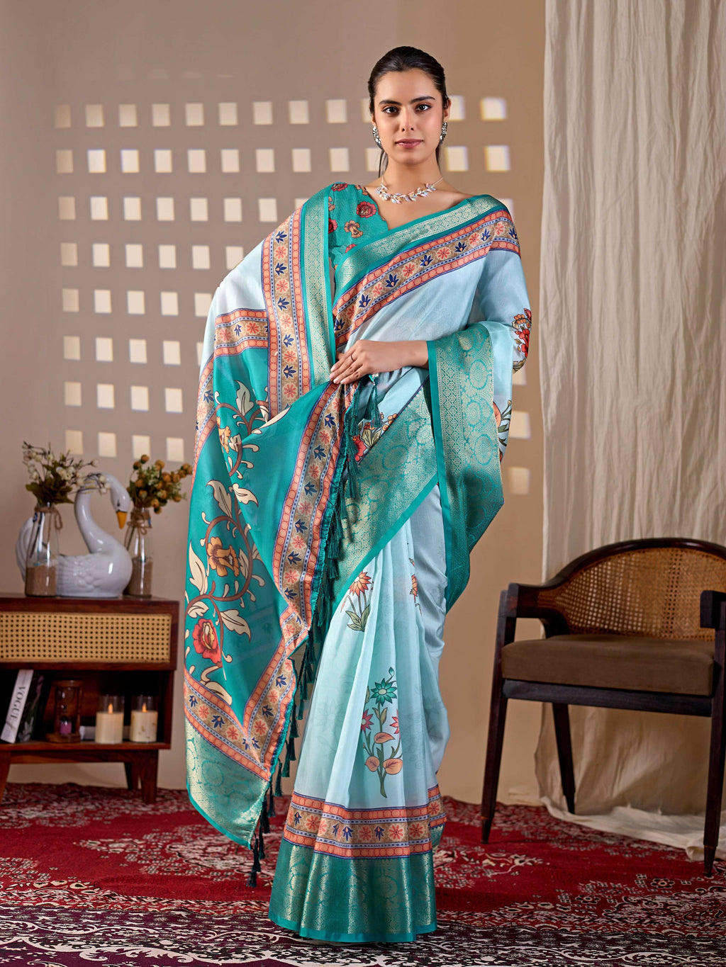 Aastha Fashion Aqua Soft Lichi Silk Printed Saree