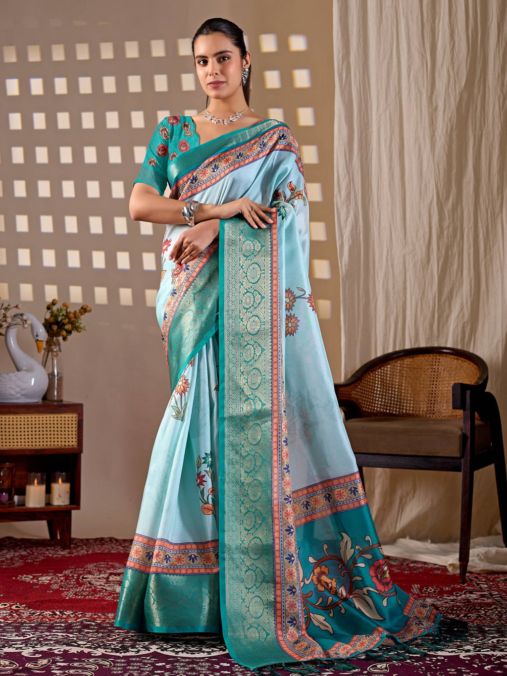 Aastha Fashion Aqua Soft Lichi Silk Printed Saree