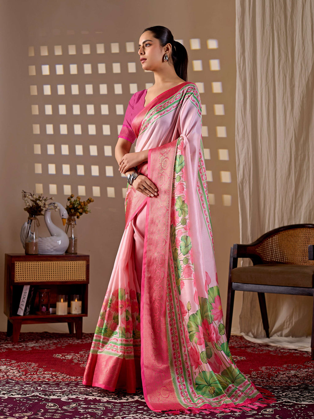 Aastha Fashion Pink Soft Lichi Silk Printed Saree