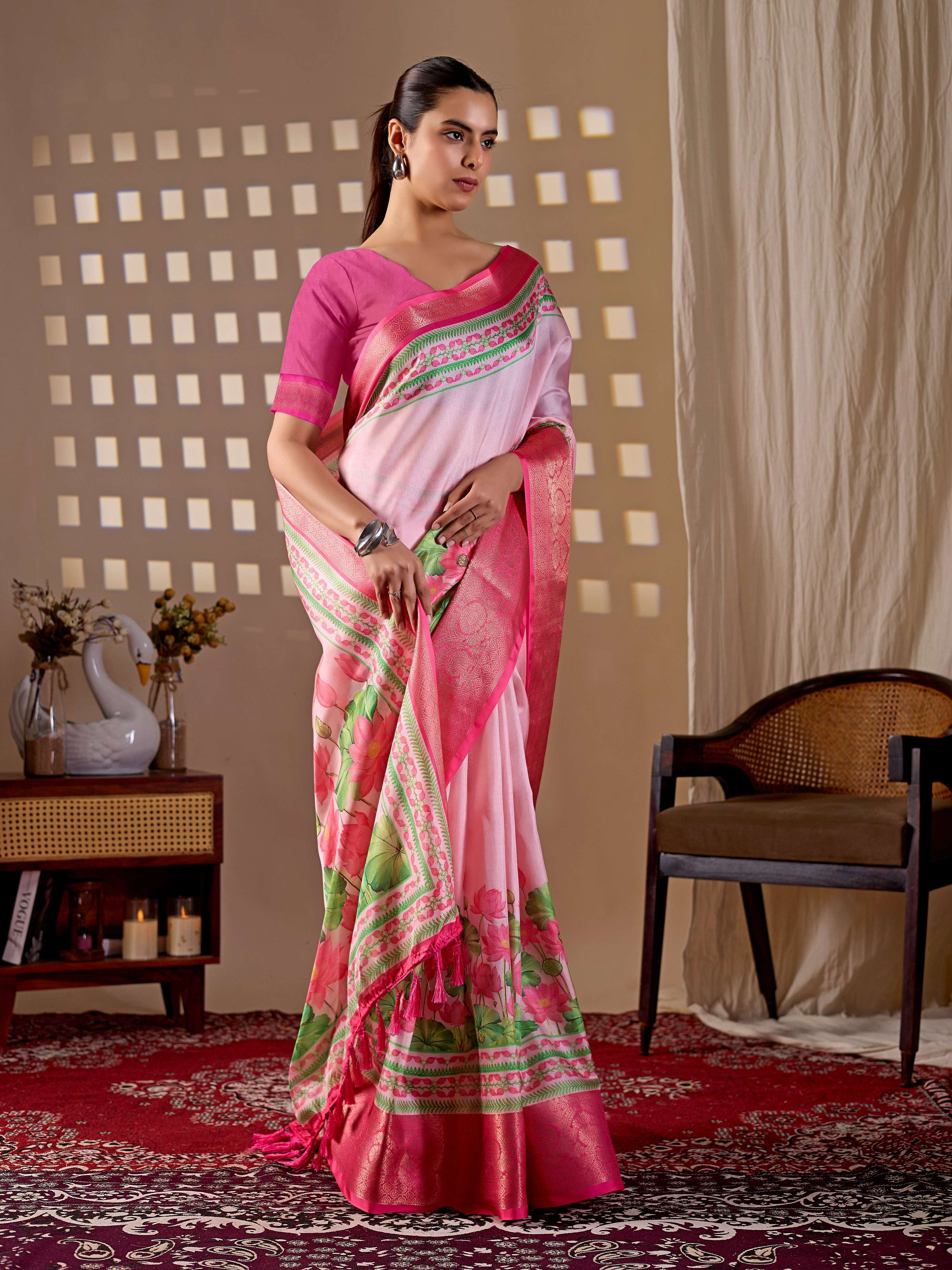 Aastha Fashion Pink Soft Lichi Silk Printed Saree