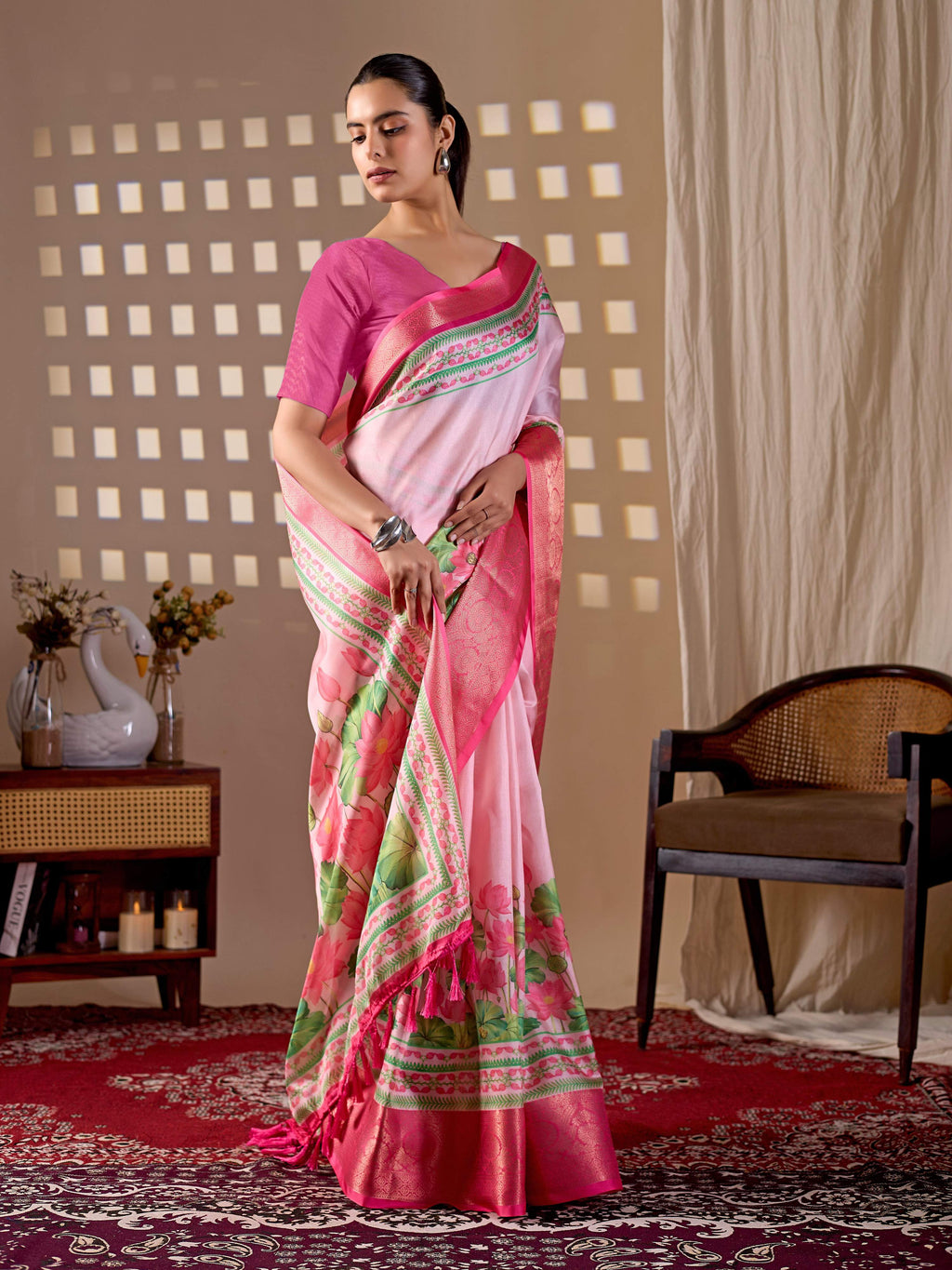 Aastha Fashion Pink Soft Lichi Silk Printed Saree