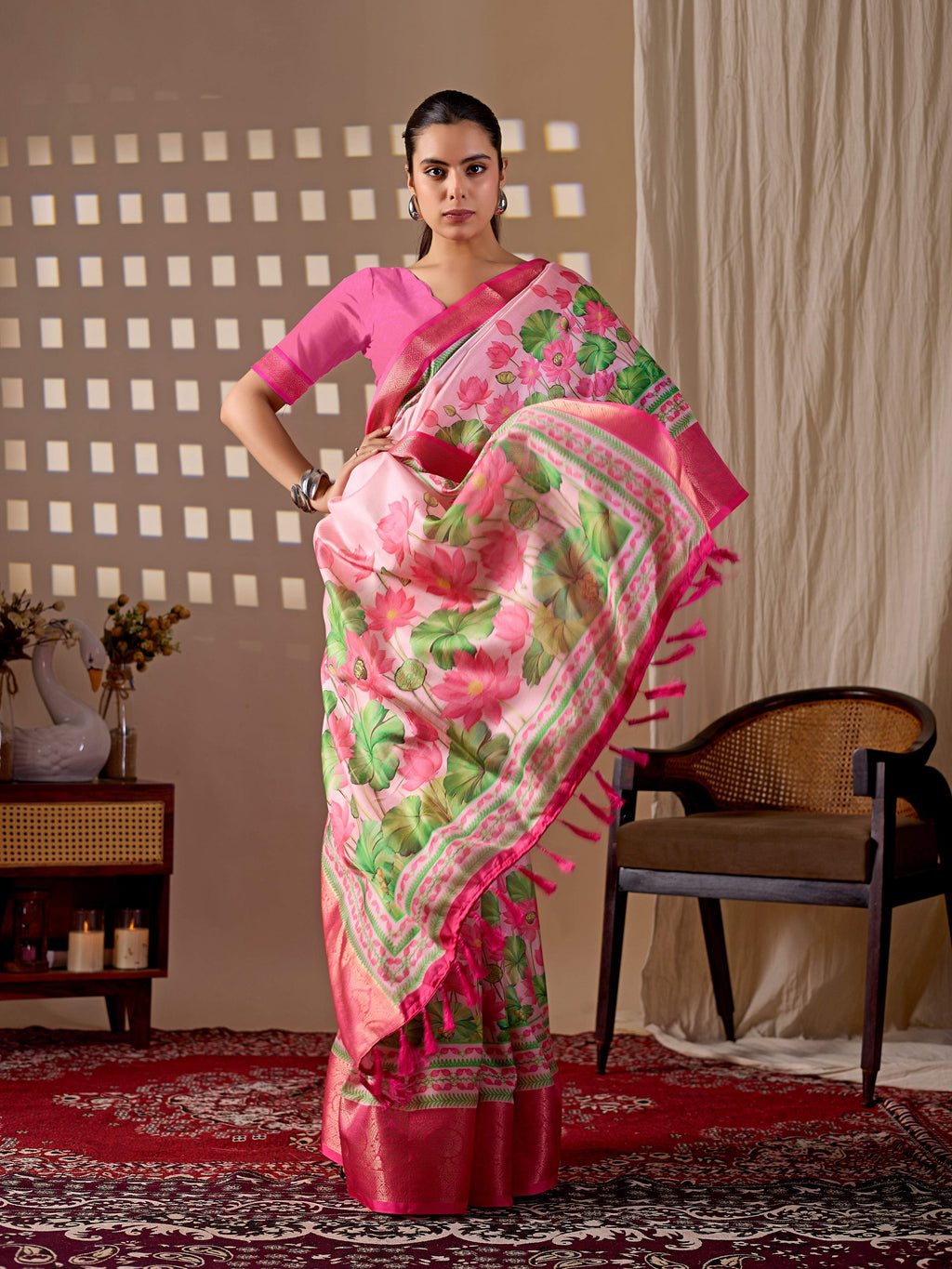 Aastha Fashion Pink Soft Lichi Silk Printed Saree