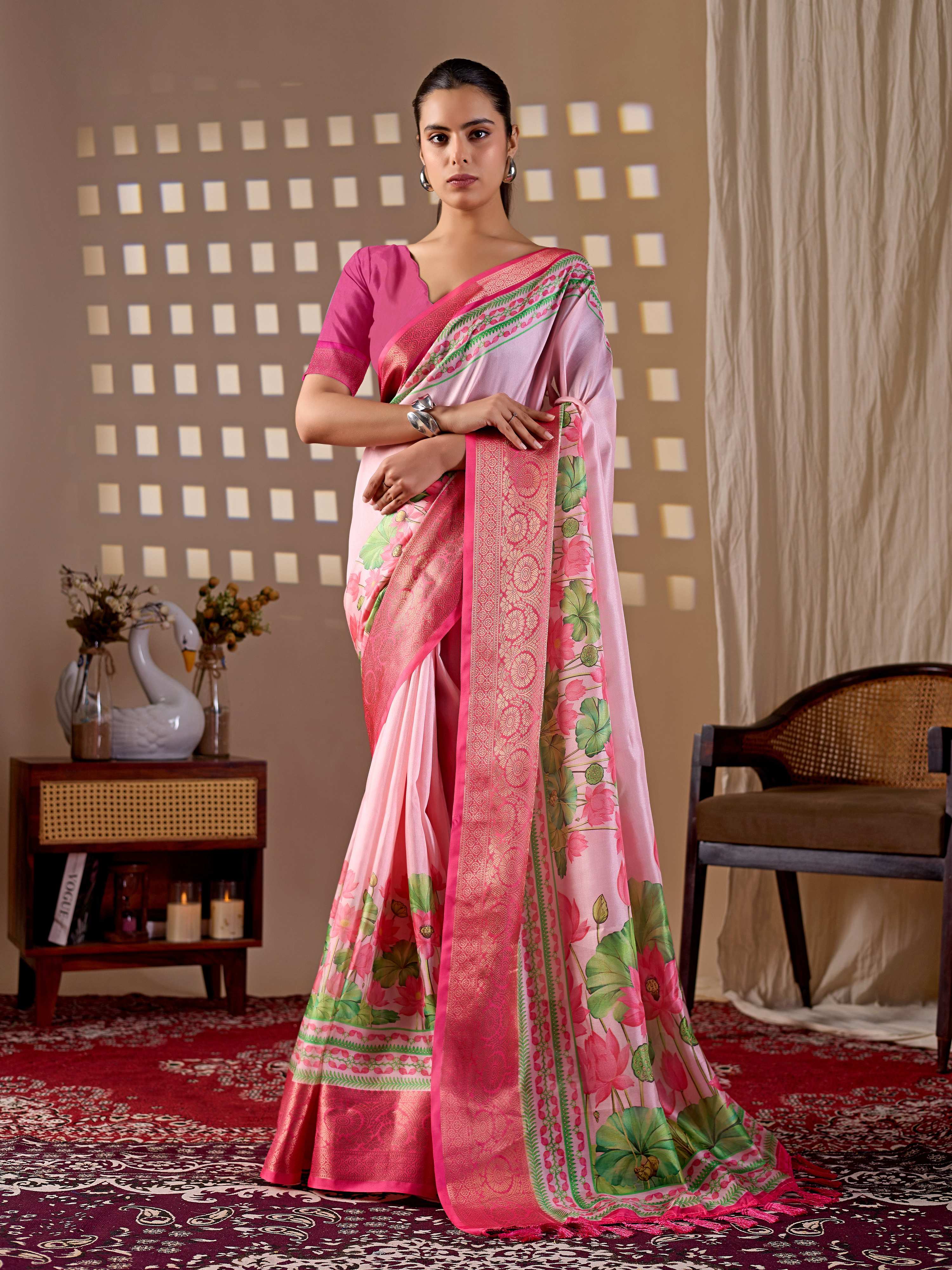 Aastha Fashion Pink Soft Lichi Silk Printed Saree