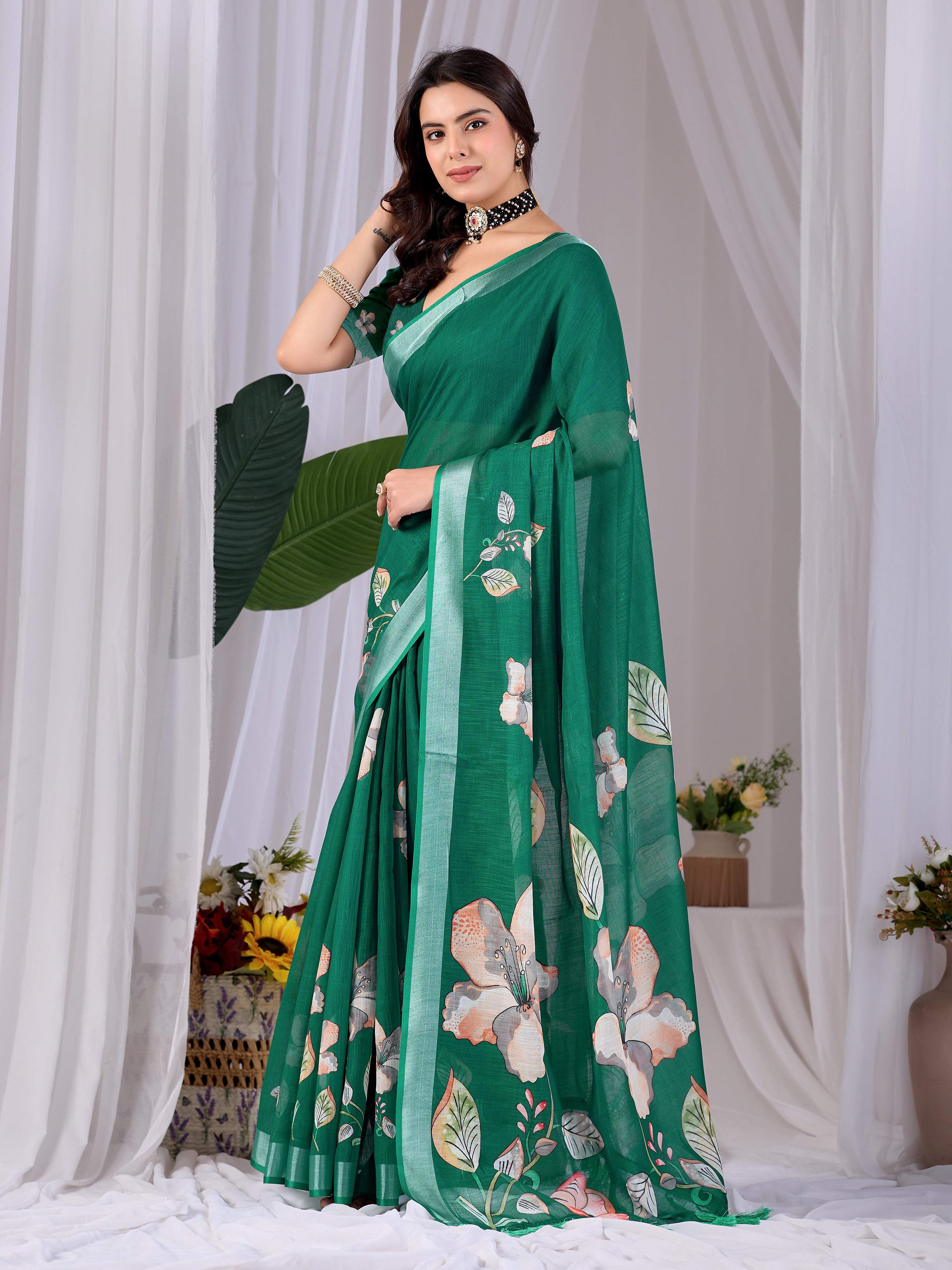 Aastha Fashion Green Soft Linen Cotton Printed Saree