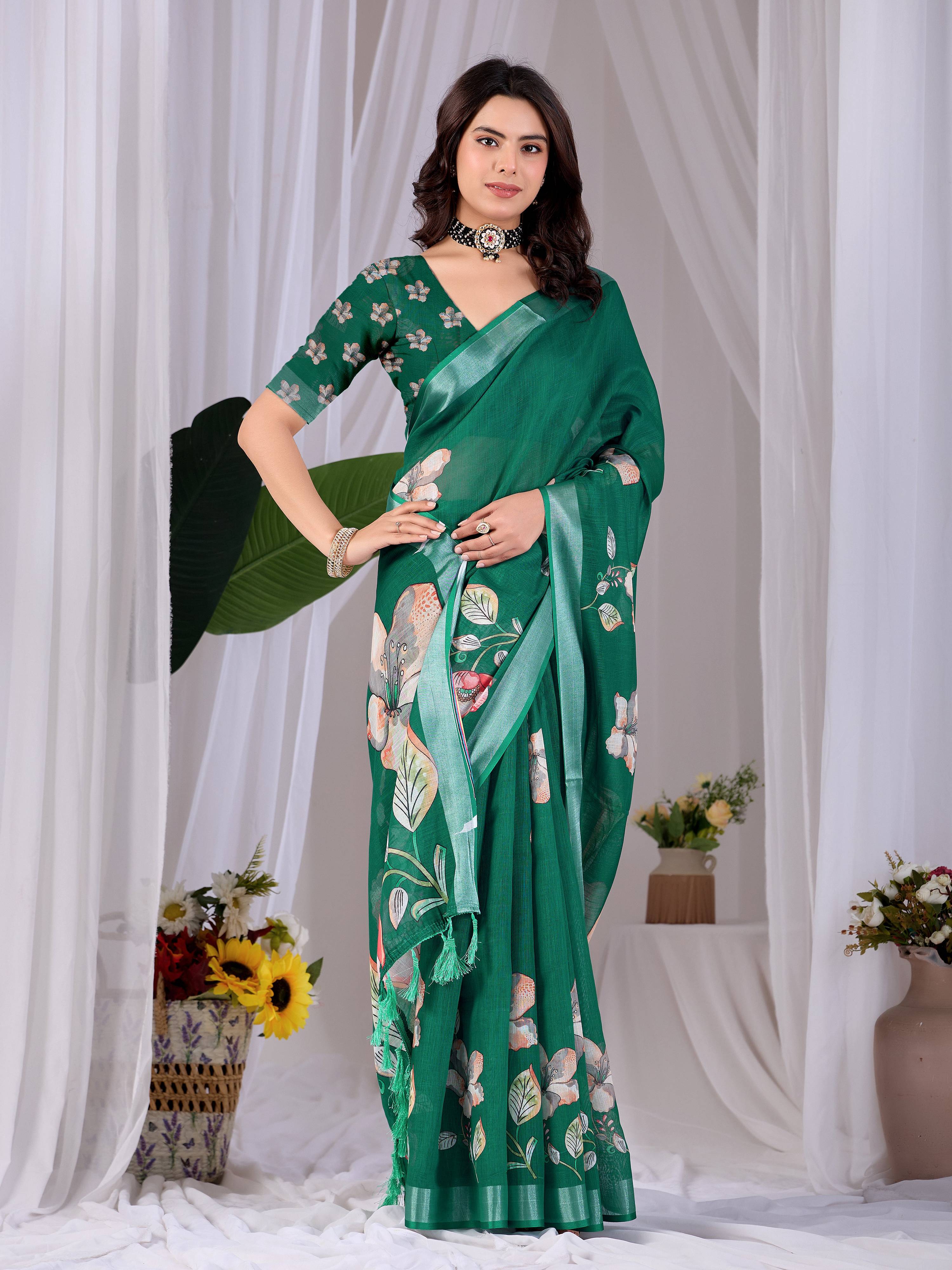 Aastha Fashion Green Soft Linen Cotton Printed Saree