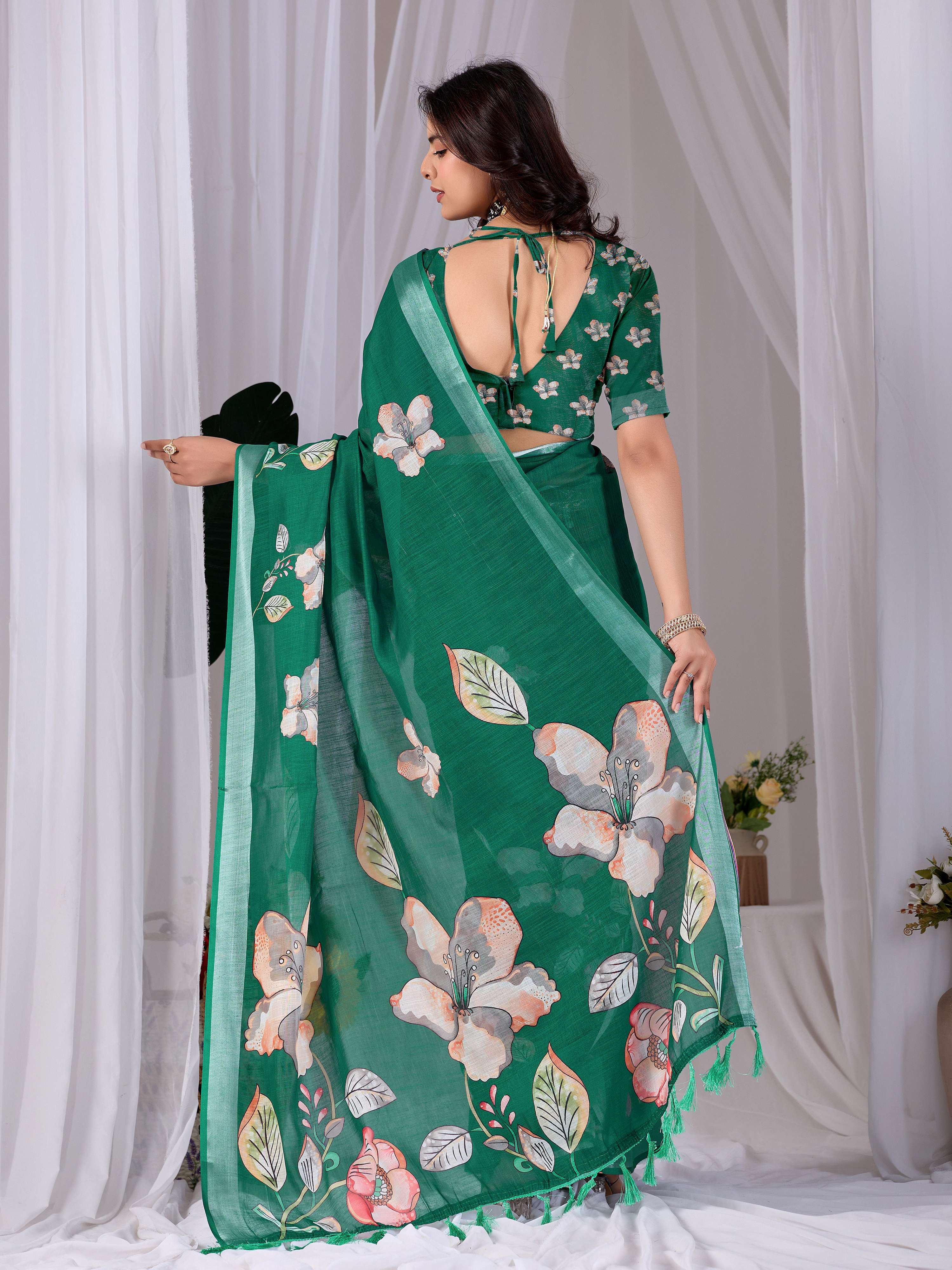 Aastha Fashion Green Soft Linen Cotton Printed Saree