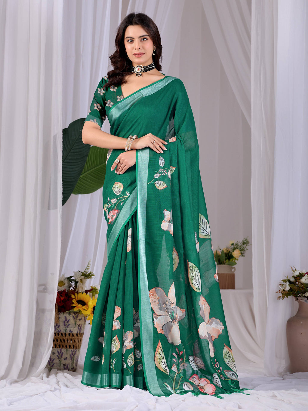 Aastha Fashion Green Soft Linen Cotton Printed Saree