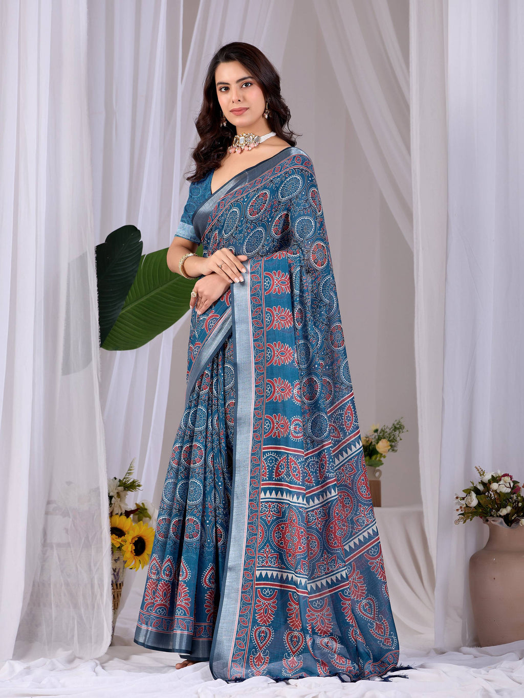 Aastha Fashion Teal Blue Soft Linen Cotton Printed Saree