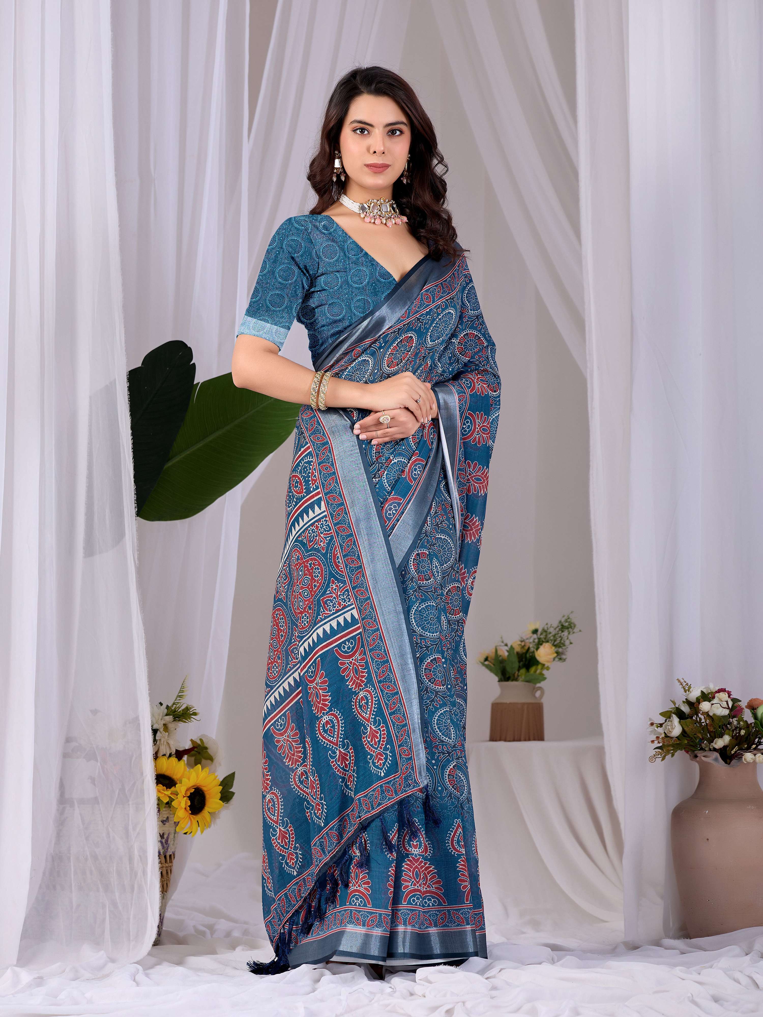 Aastha Fashion Teal Blue Soft Linen Cotton Printed Saree