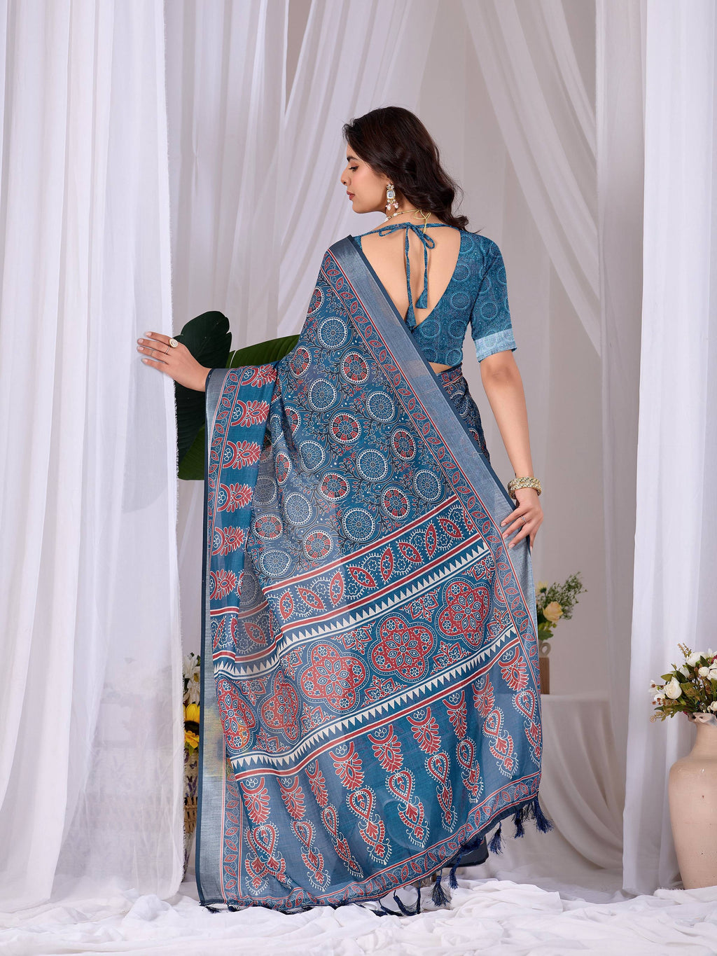 Aastha Fashion Teal Blue Soft Linen Cotton Printed Saree