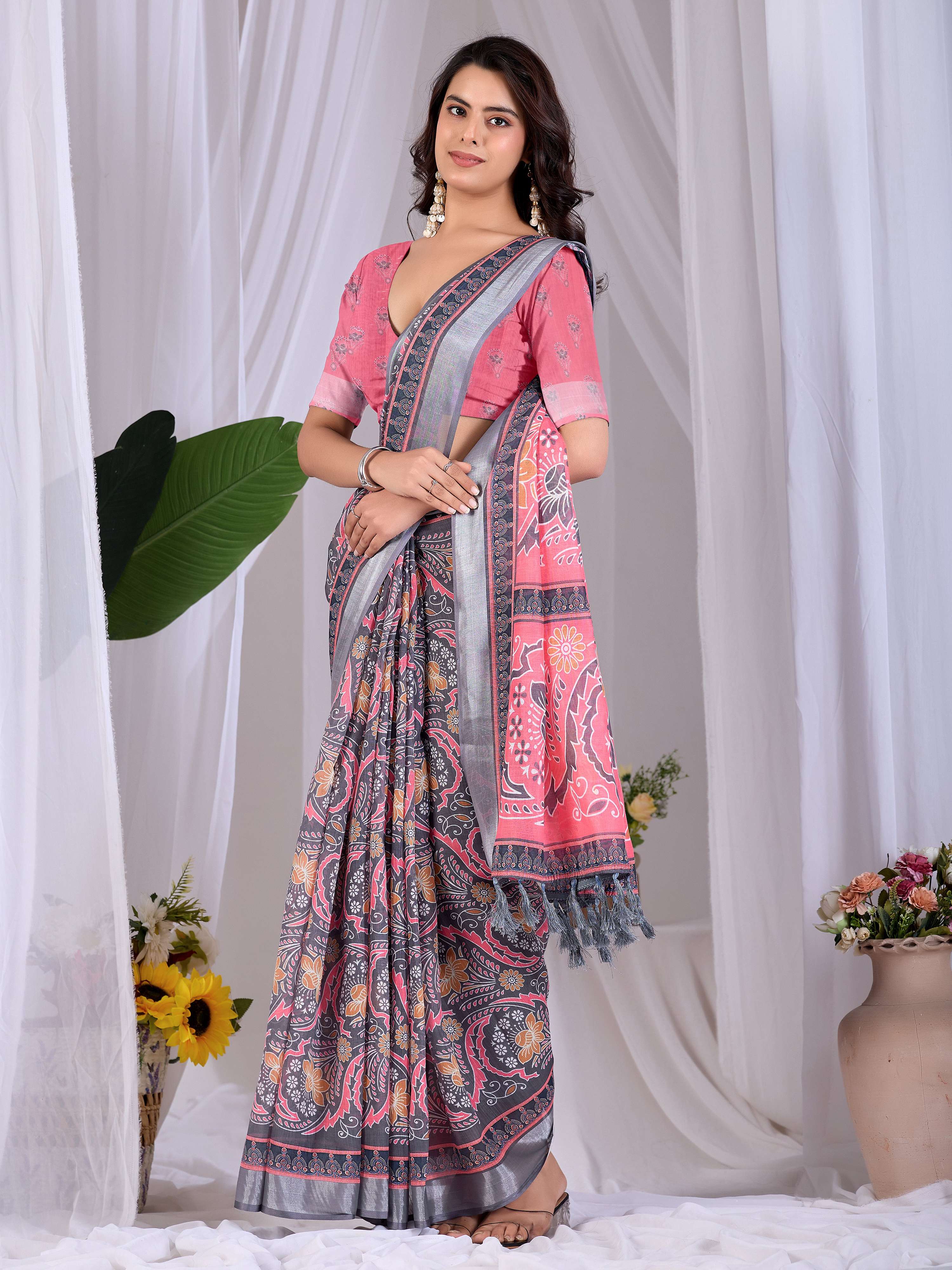 Aastha Fashion Pink Soft Linen Cotton Printed Saree