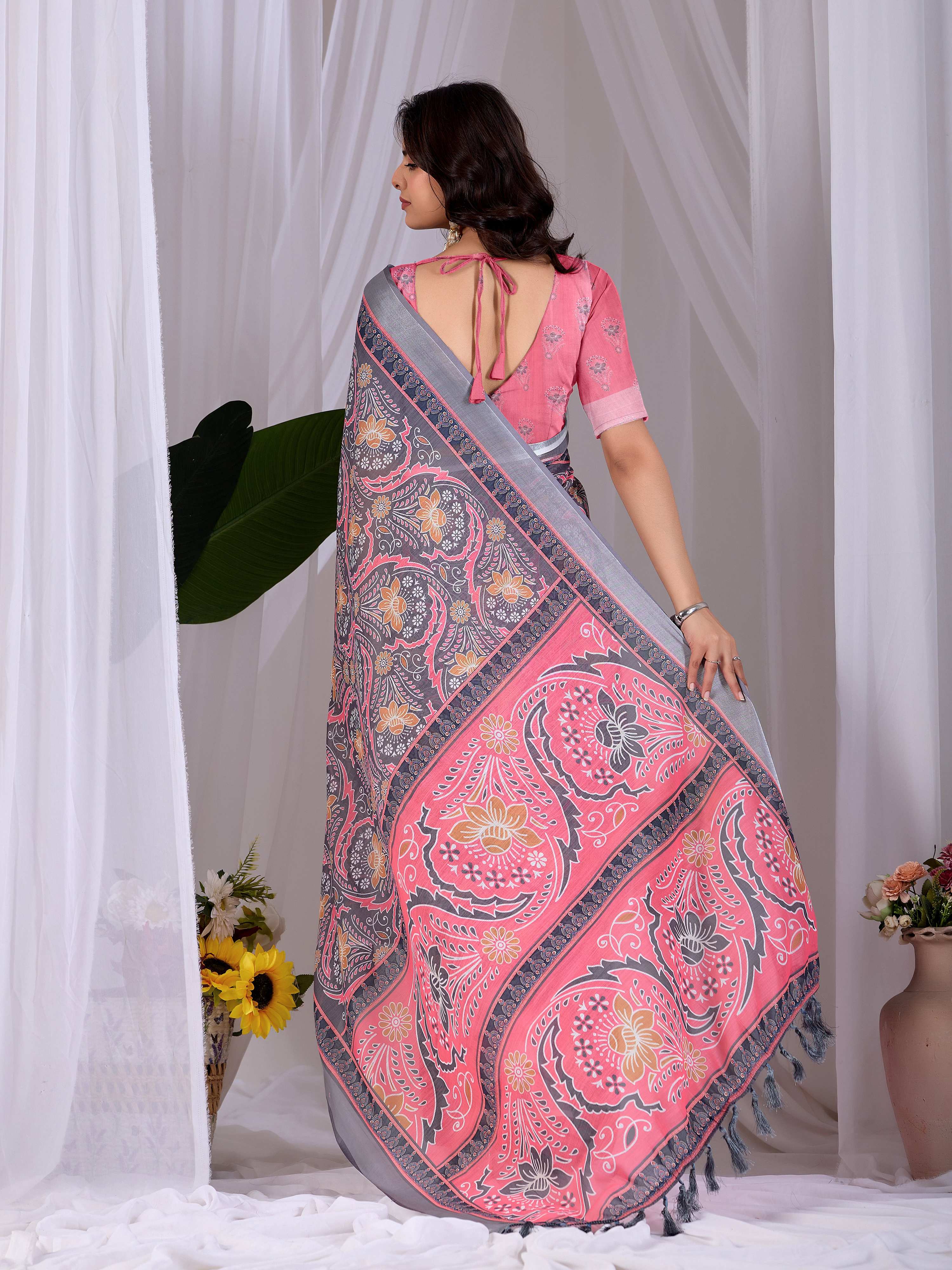 Aastha Fashion Pink Soft Linen Cotton Printed Saree
