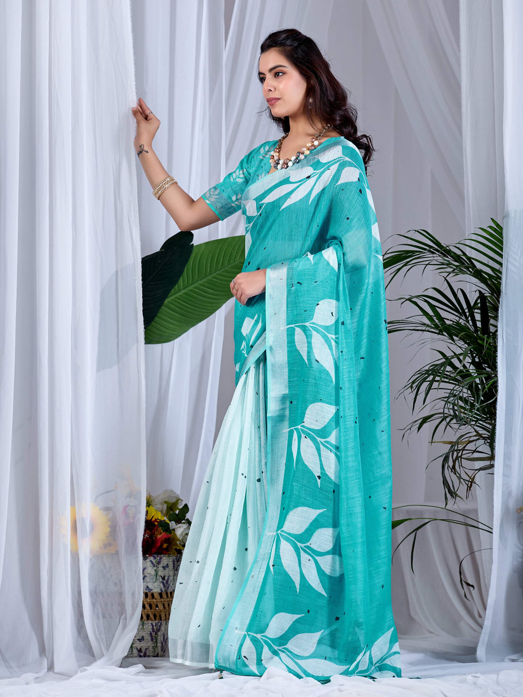 Aastha Fashion See Green Soft Linen Cotton Printed Saree