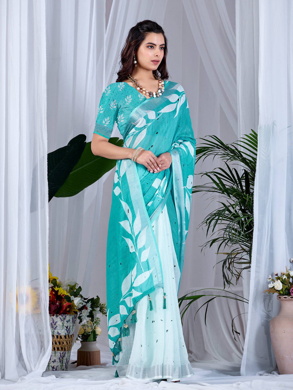 Aastha Fashion See Green Soft Linen Cotton Printed Saree