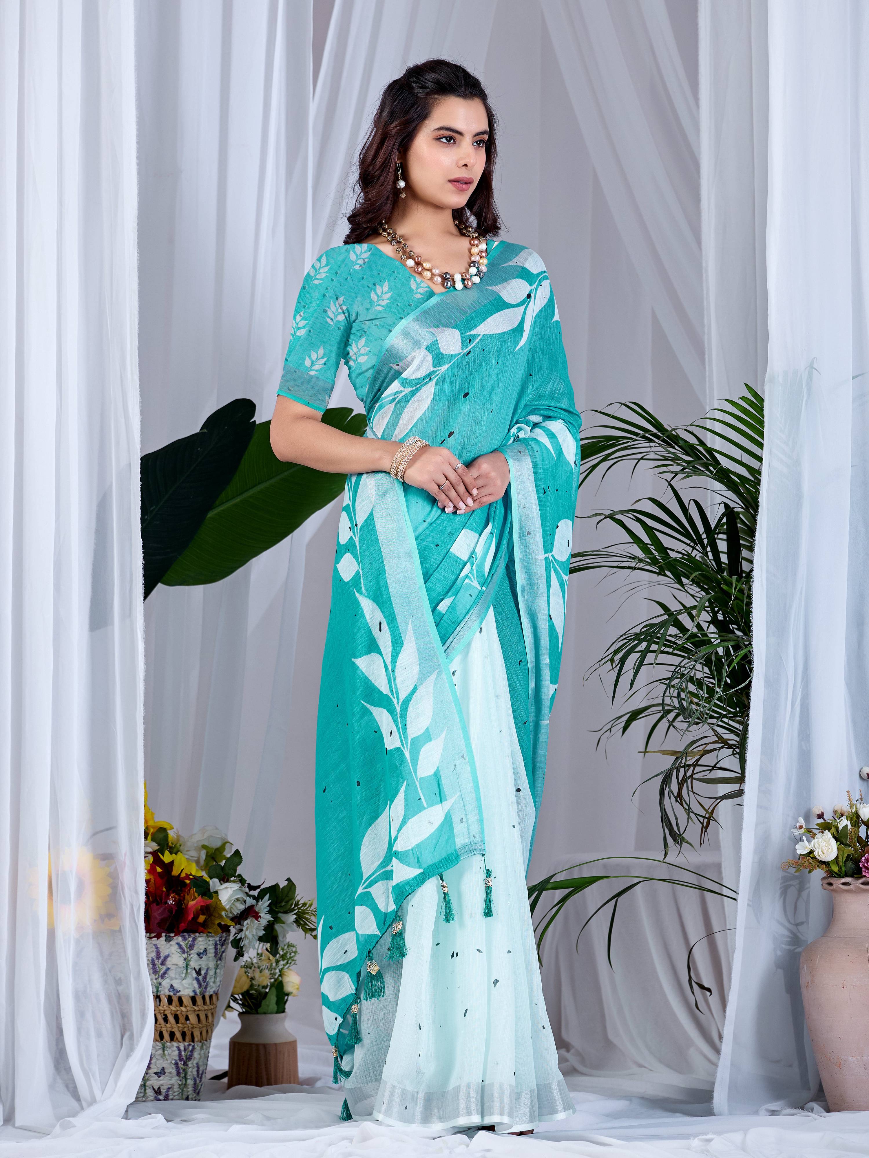 Aastha Fashion See Green Soft Linen Cotton Printed Saree