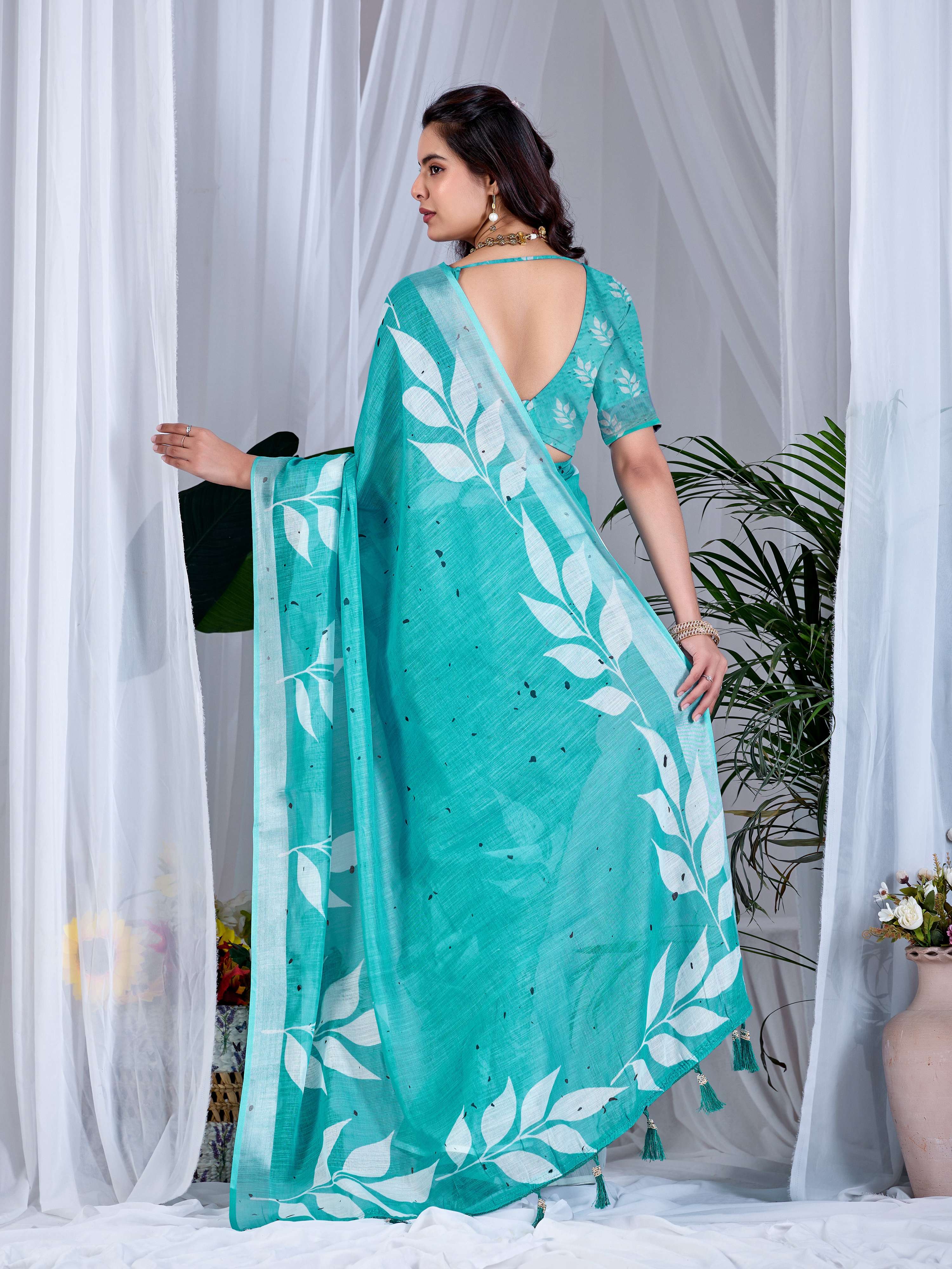 Aastha Fashion See Green Soft Linen Cotton Printed Saree