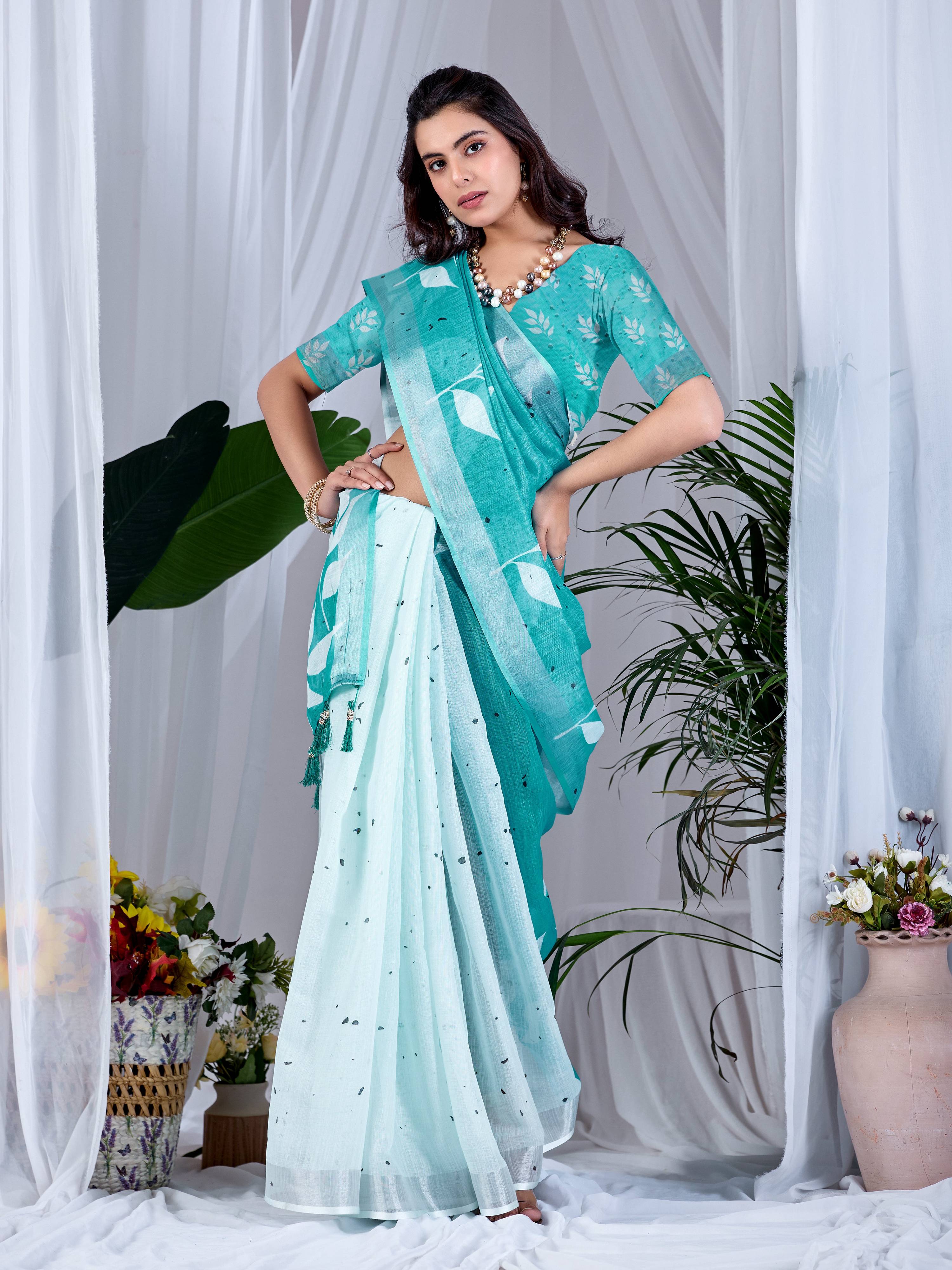 Aastha Fashion See Green Soft Linen Cotton Printed Saree