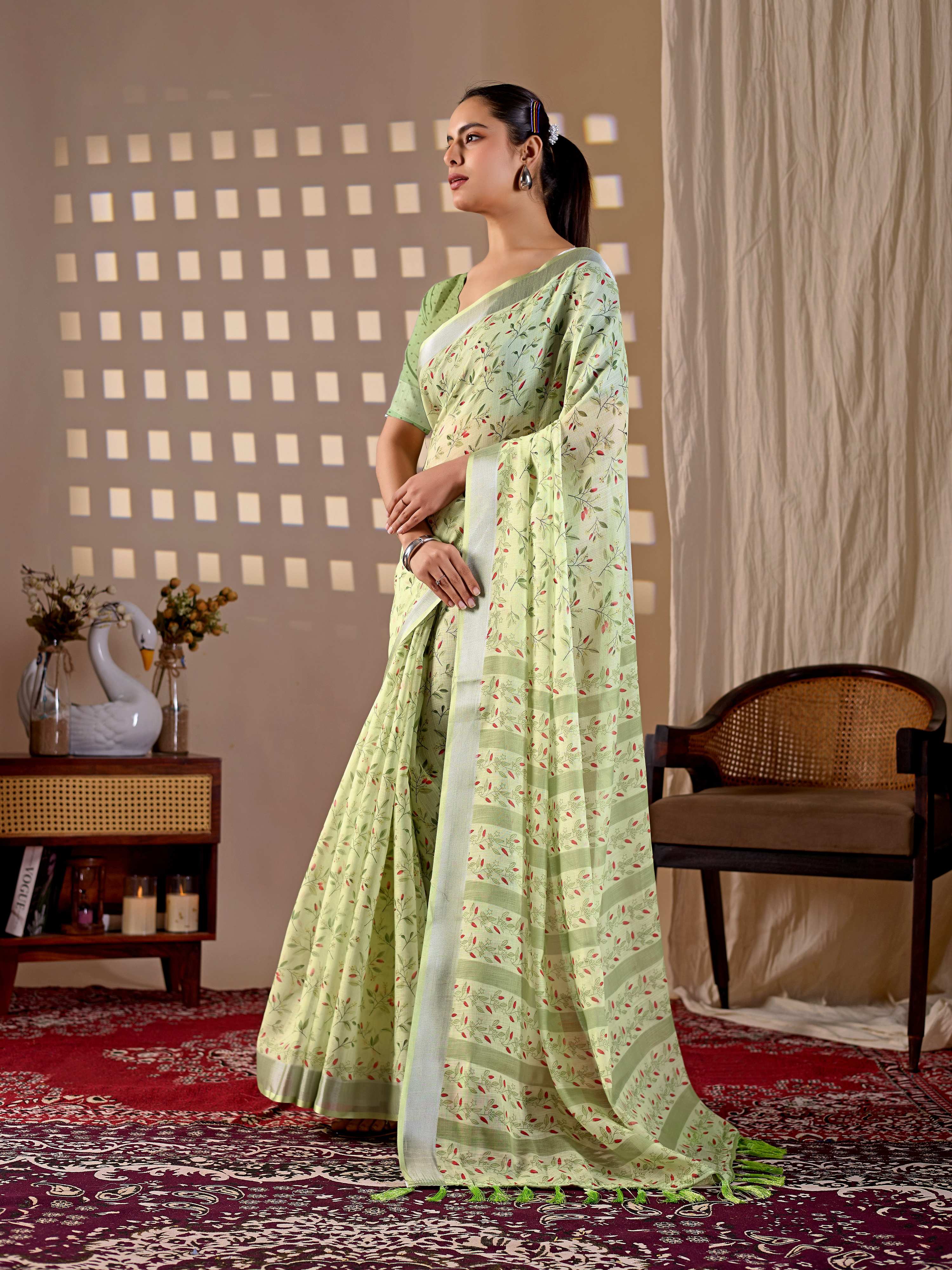 Aastha Fashion Pista Soft Linen Cotton Printed Saree
