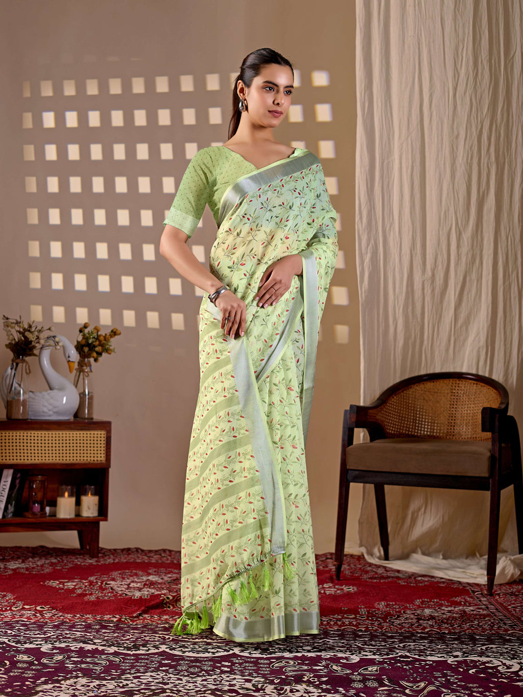 Aastha Fashion Pista Soft Linen Cotton Printed Saree