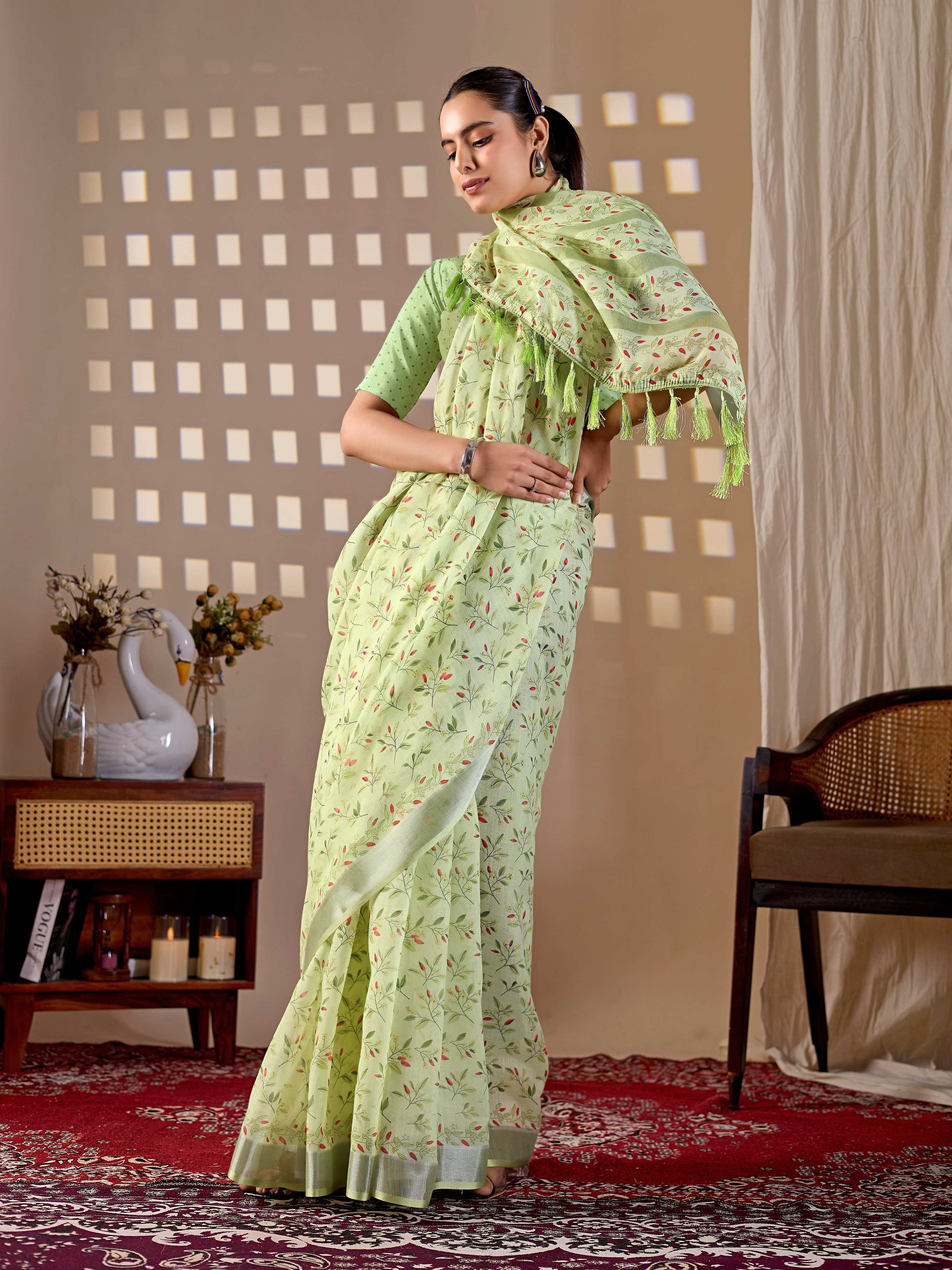 Aastha Fashion Pista Soft Linen Cotton Printed Saree