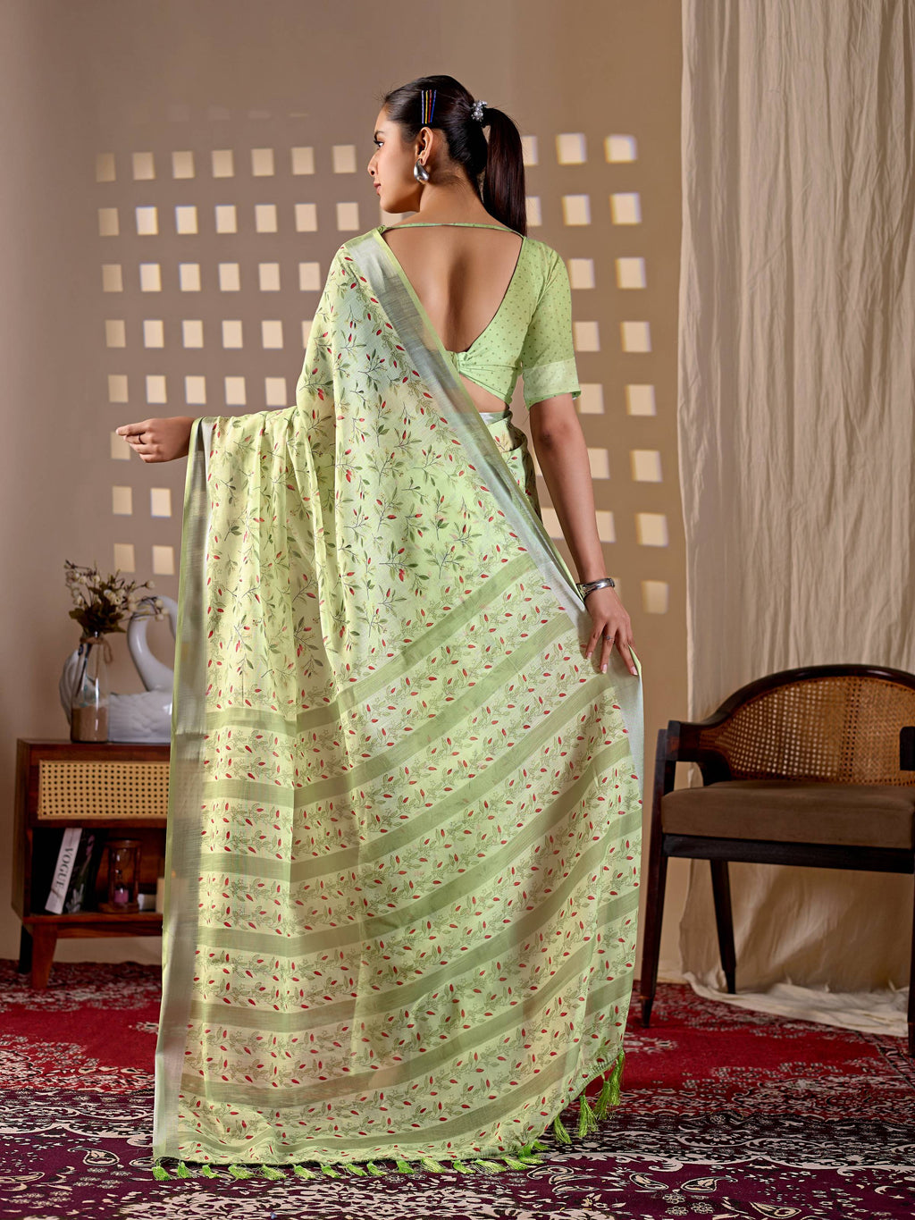 Aastha Fashion Pista Soft Linen Cotton Printed Saree