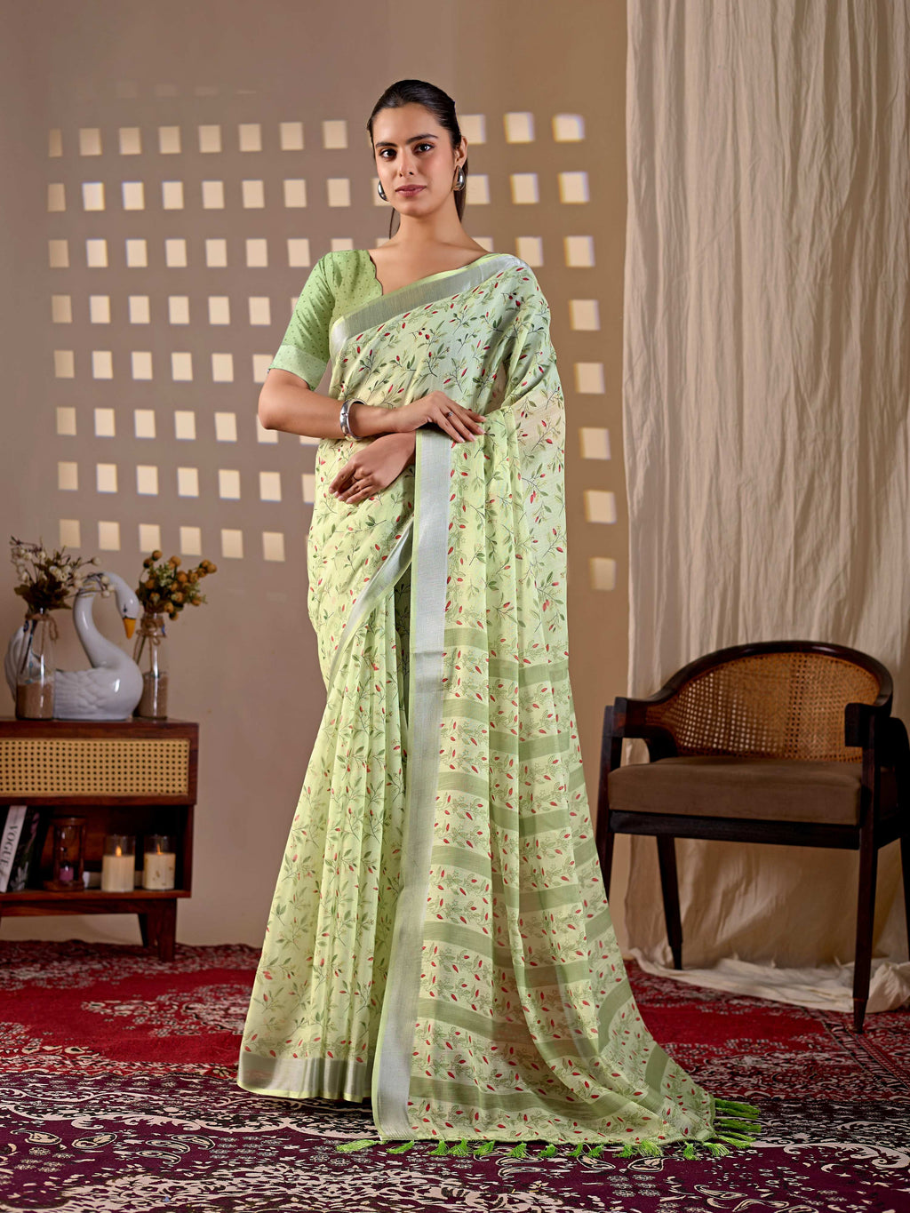 Aastha Fashion Pista Soft Linen Cotton Printed Saree