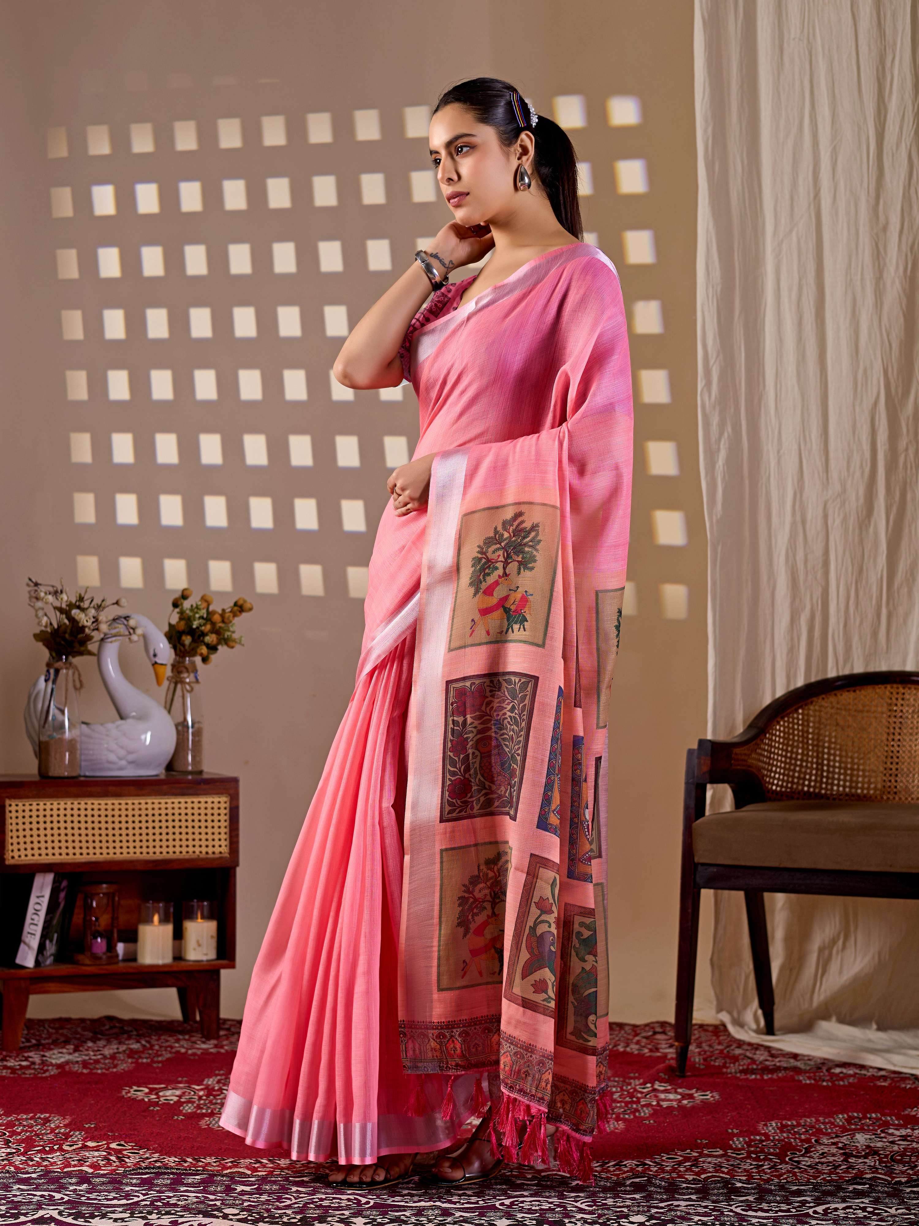 Aastha Fashion Pink Soft Linen Cotton Printed Saree