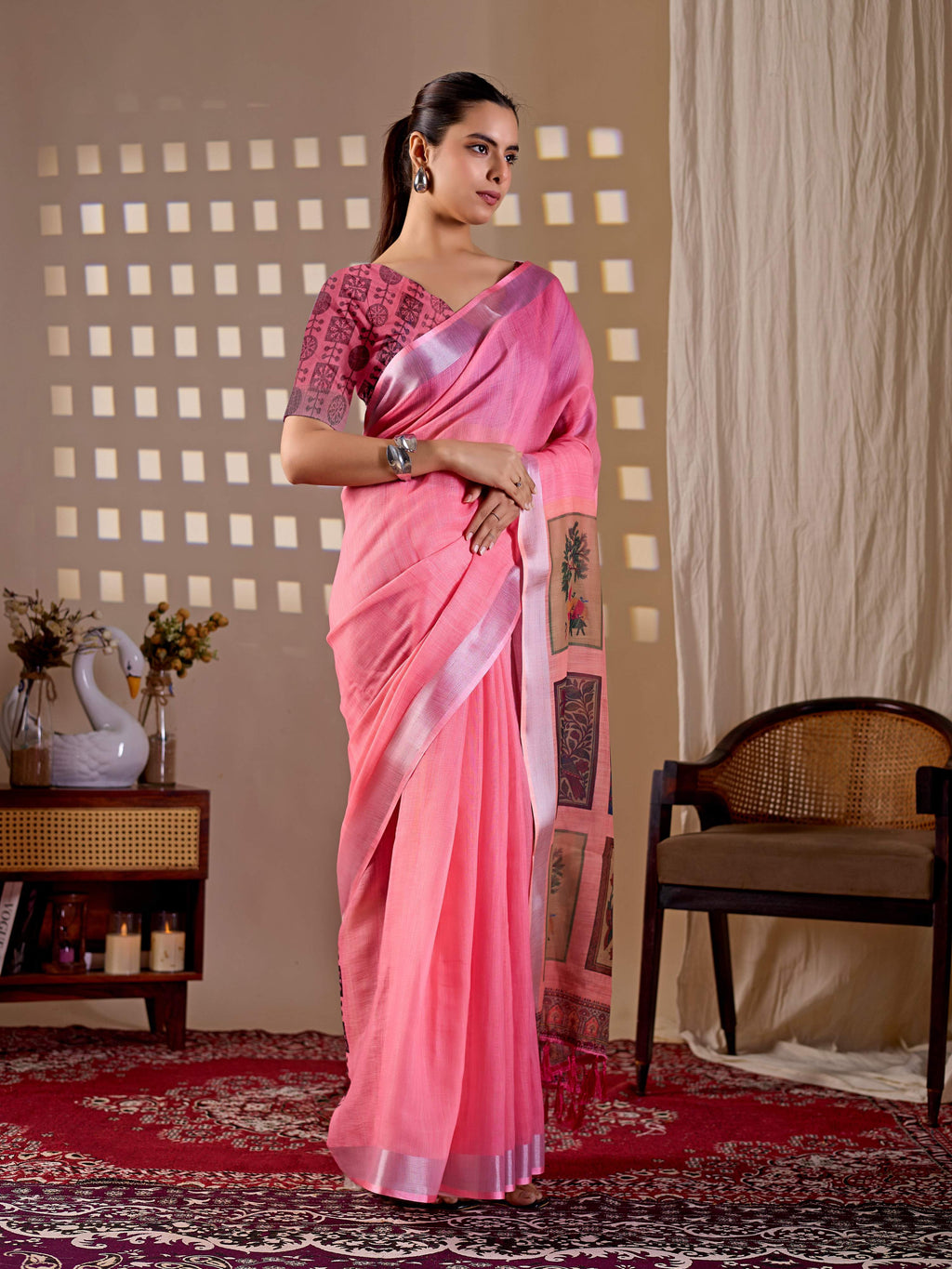 Aastha Fashion Pink Soft Linen Cotton Printed Saree