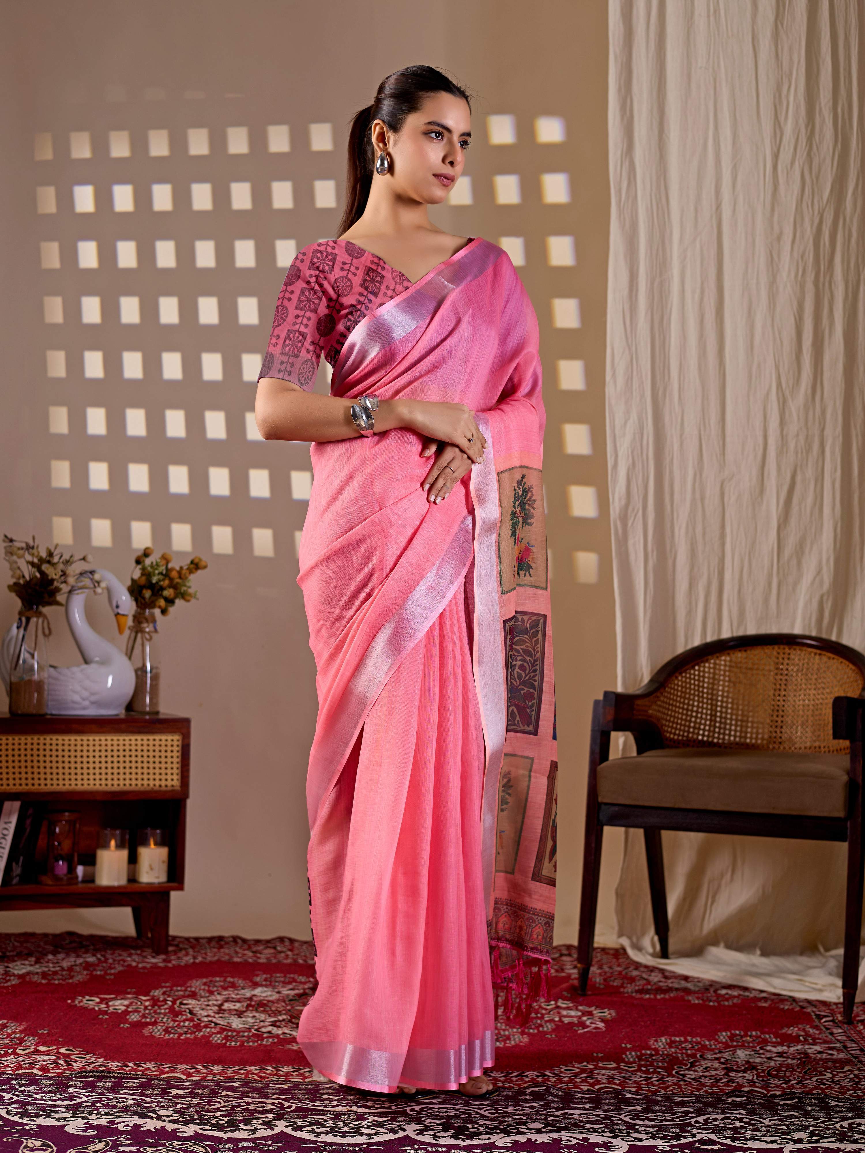 Aastha Fashion Pink Soft Linen Cotton Printed Saree