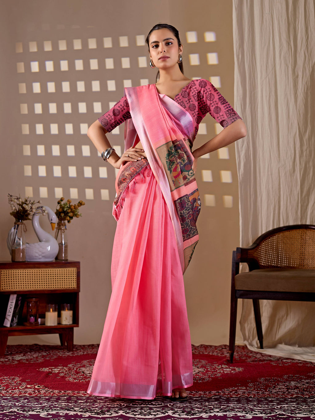 Aastha Fashion Pink Soft Linen Cotton Printed Saree
