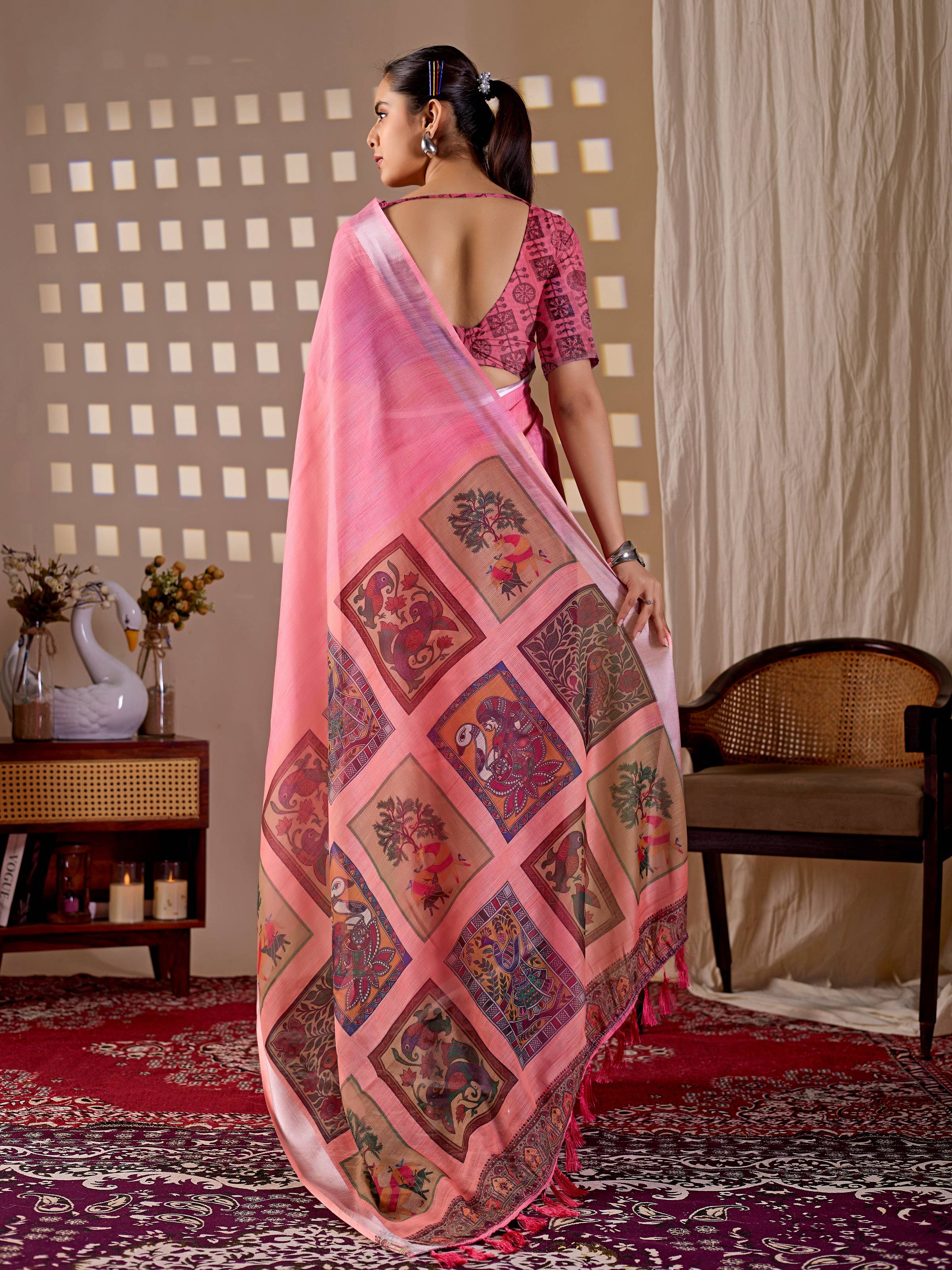 Aastha Fashion Pink Soft Linen Cotton Printed Saree