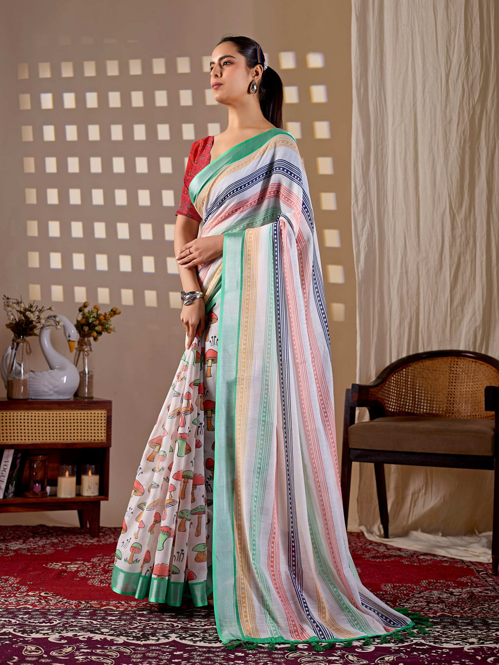 Aastha Fashion Multi Soft Linen Cotton Printed Saree
