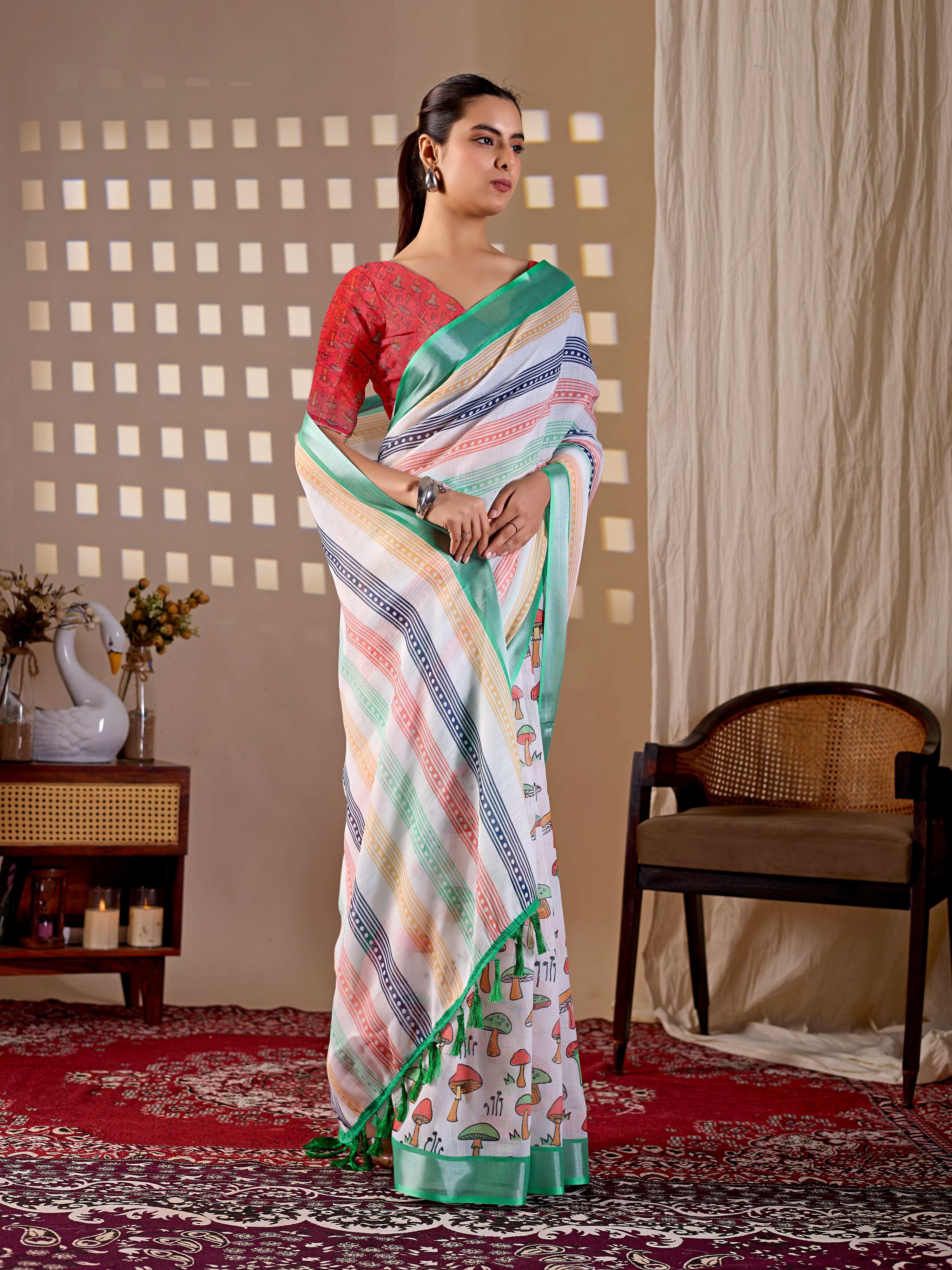 Aastha Fashion Multi Soft Linen Cotton Printed Saree