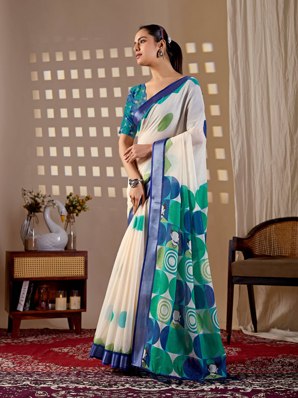 Aastha Fashion Cream Soft Linen Cotton Printed Saree