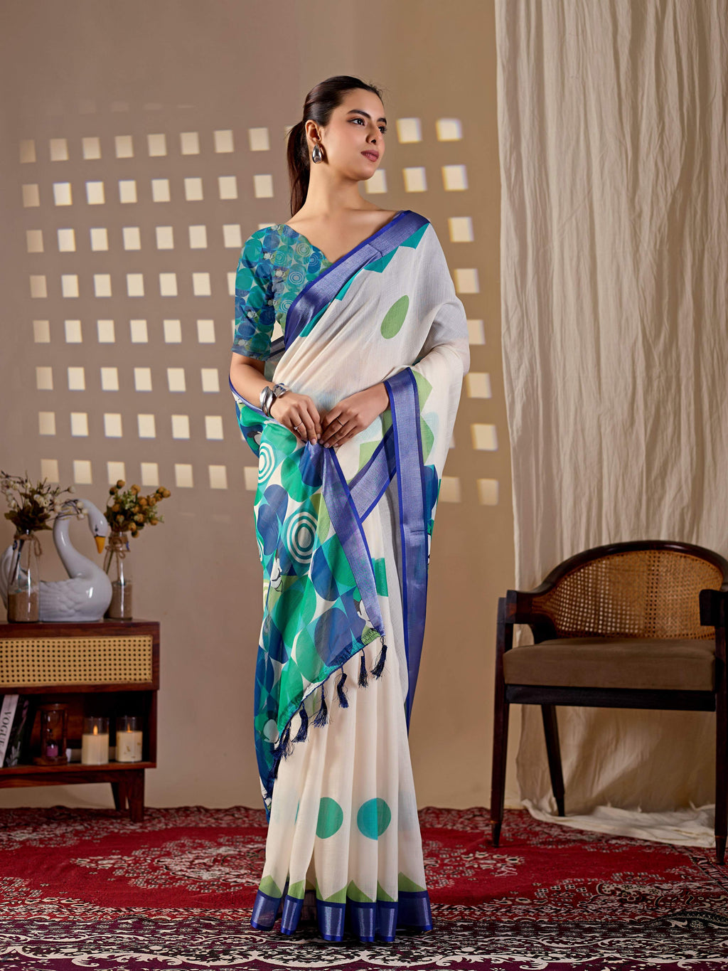 Aastha Fashion Cream Soft Linen Cotton Printed Saree