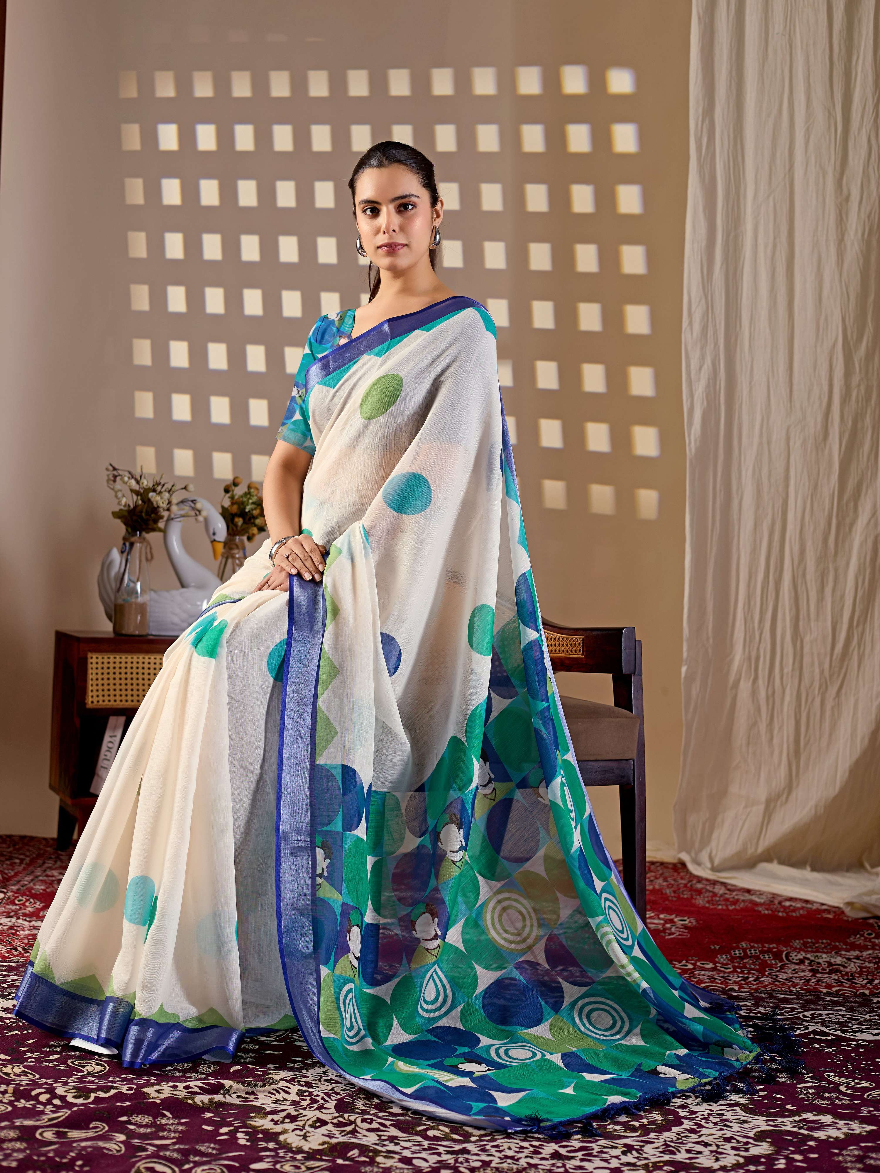 Aastha Fashion Cream Soft Linen Cotton Printed Saree