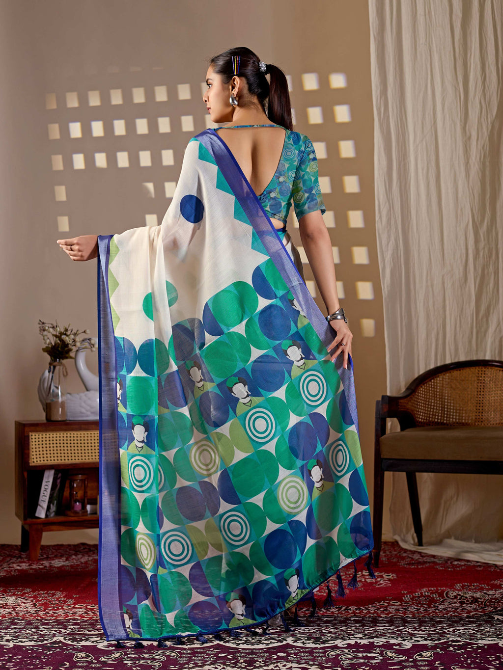 Aastha Fashion Cream Soft Linen Cotton Printed Saree
