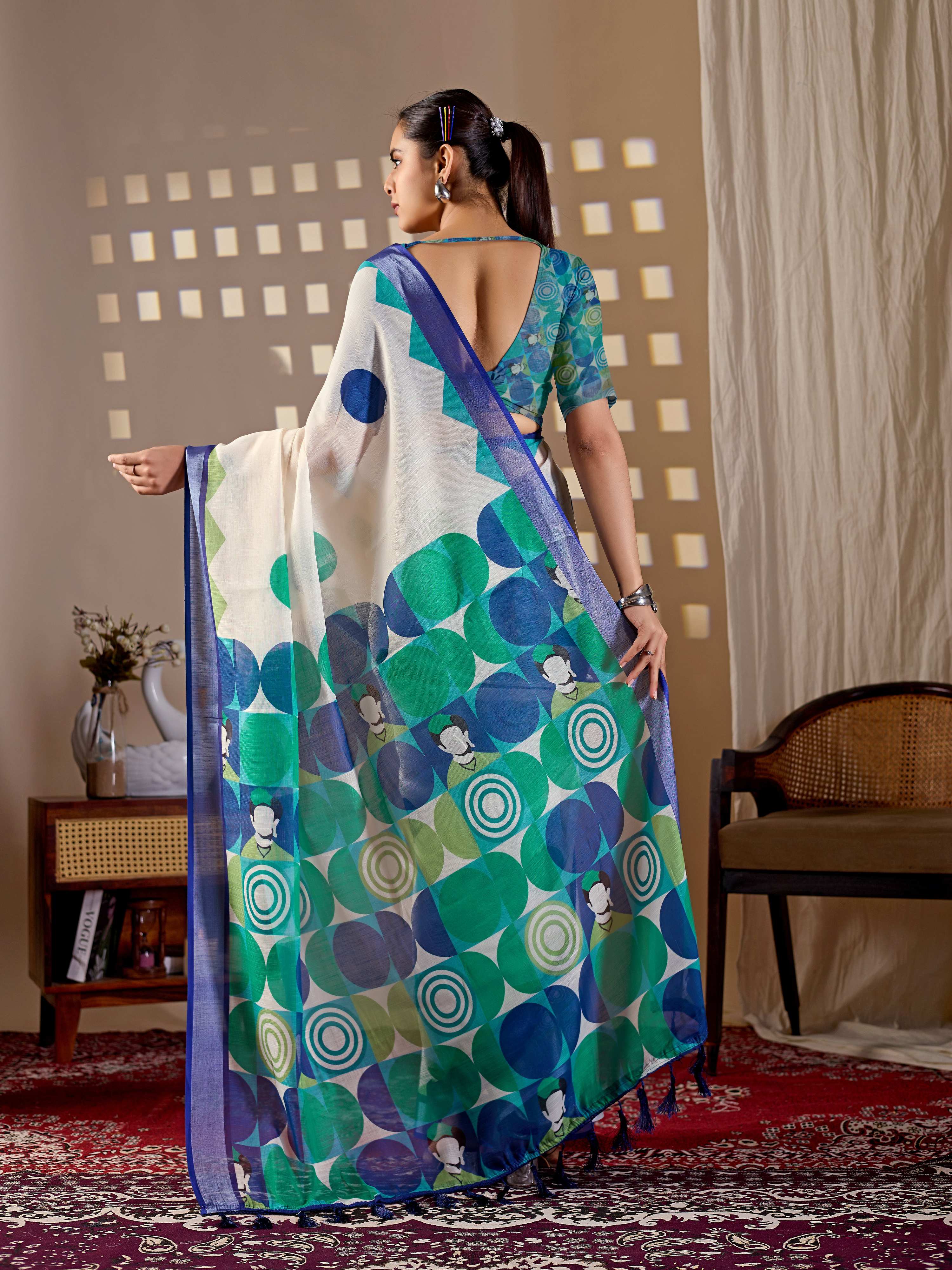 Aastha Fashion Cream Soft Linen Cotton Printed Saree
