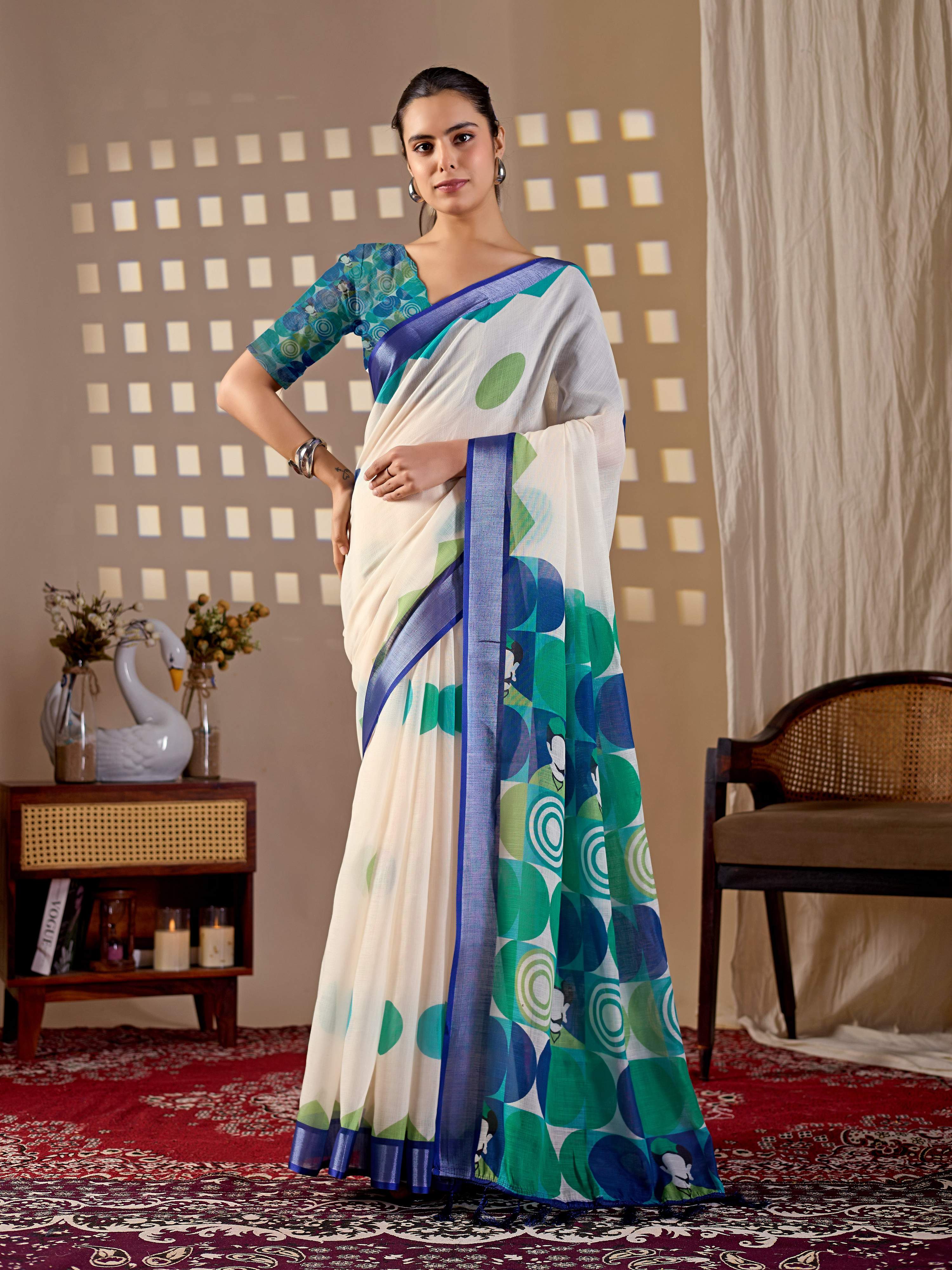 Aastha Fashion Cream Soft Linen Cotton Printed Saree
