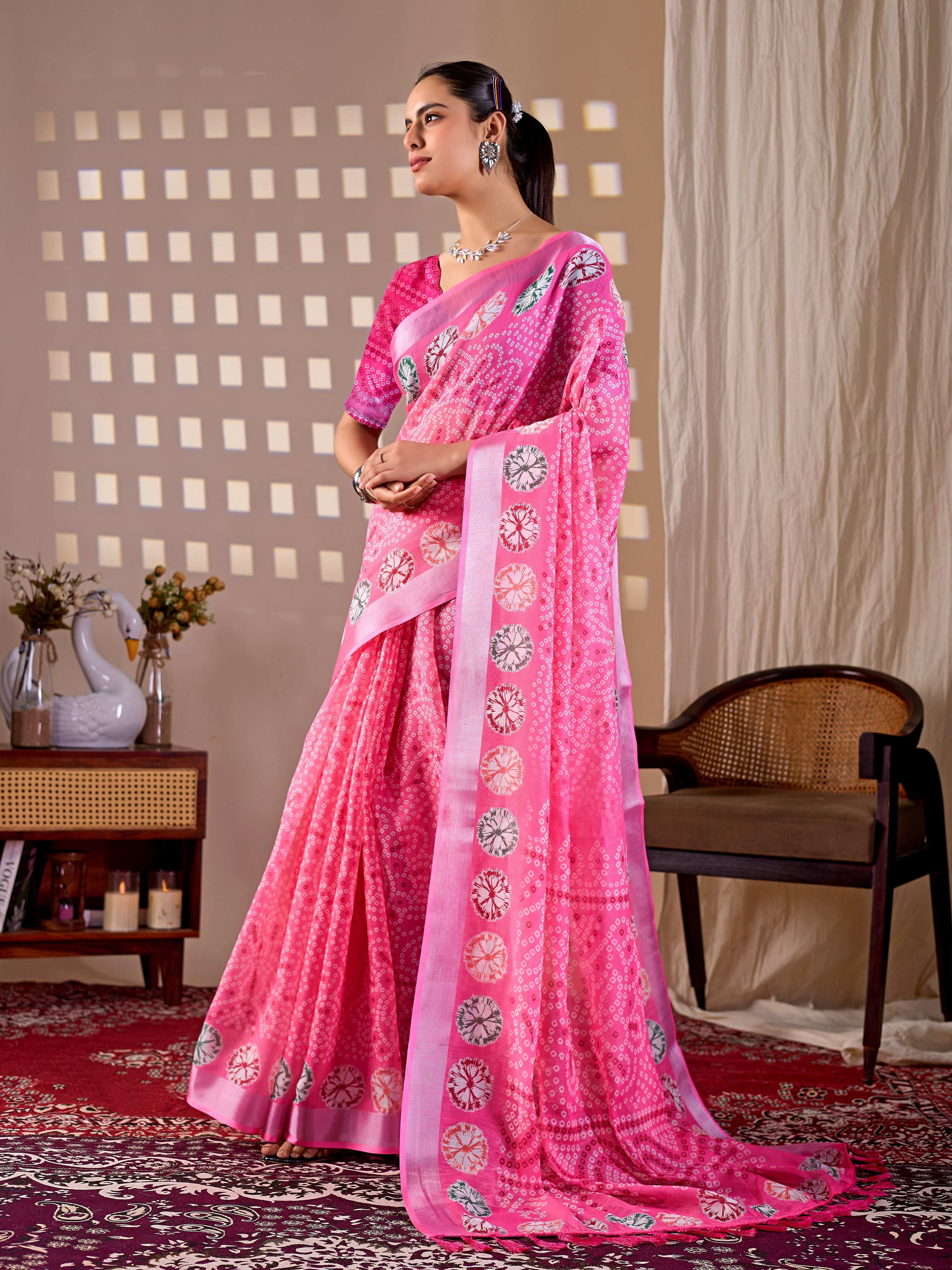 Aastha Fashion Pink Soft Linen Cotton Printed Saree