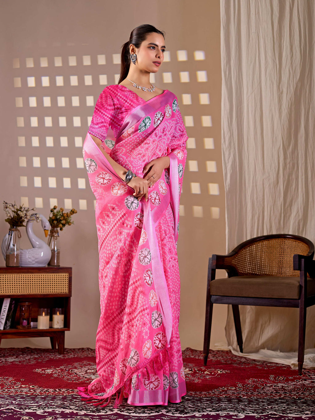Aastha Fashion Pink Soft Linen Cotton Printed Saree