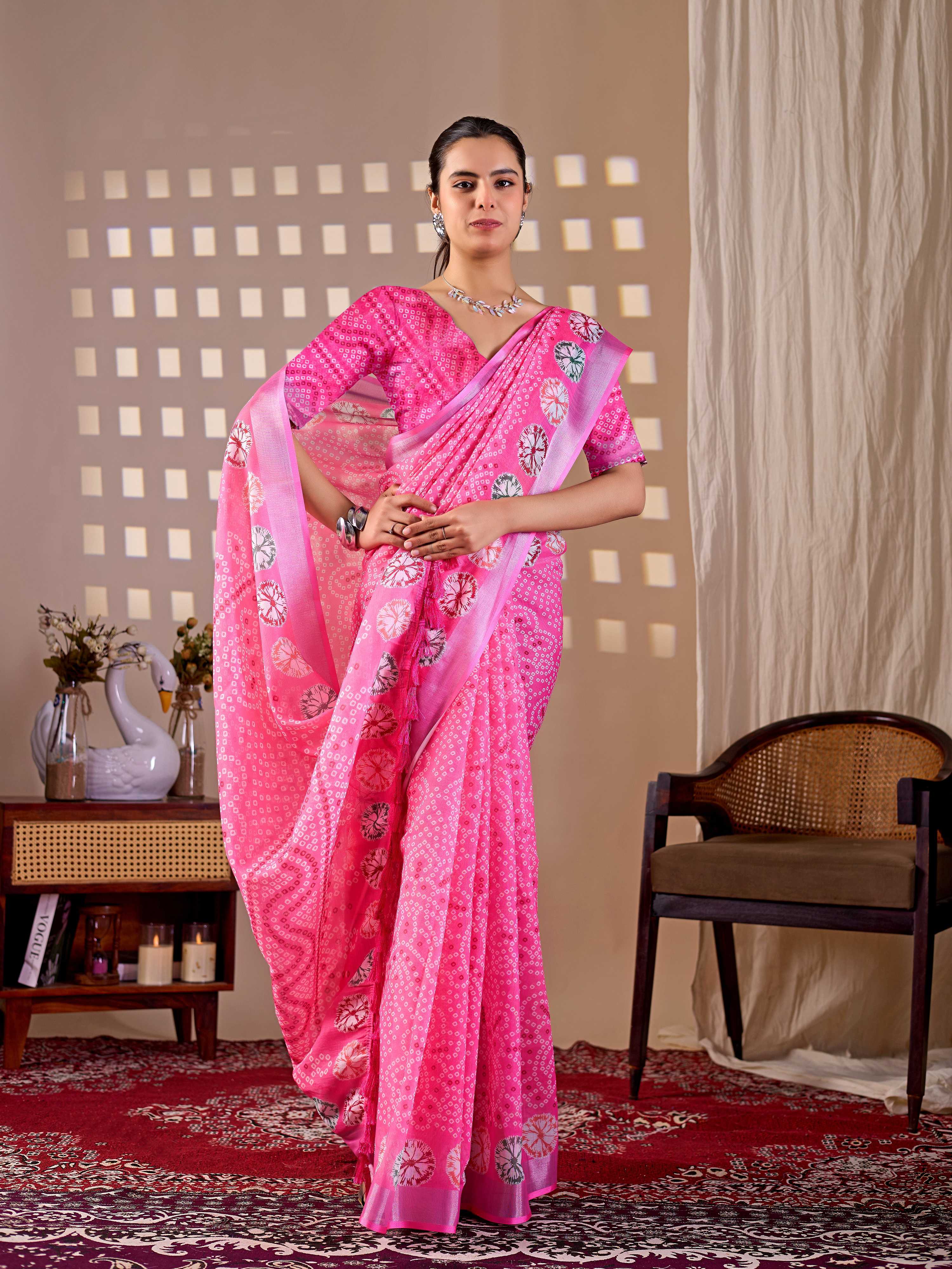 Aastha Fashion Pink Soft Linen Cotton Printed Saree