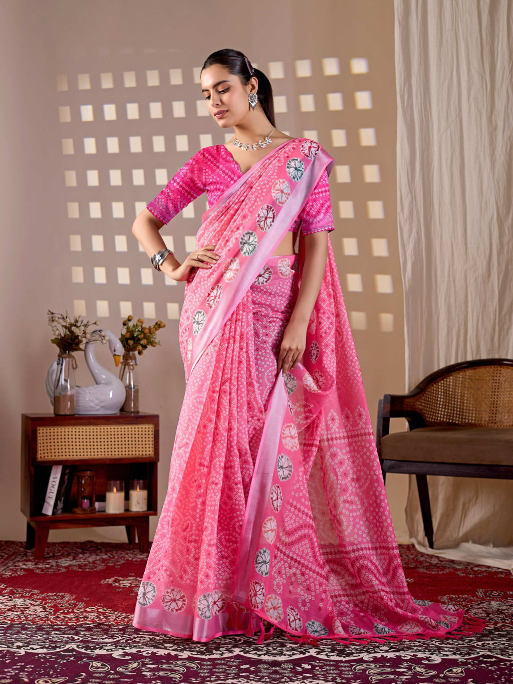 Aastha Fashion Pink Soft Linen Cotton Printed Saree