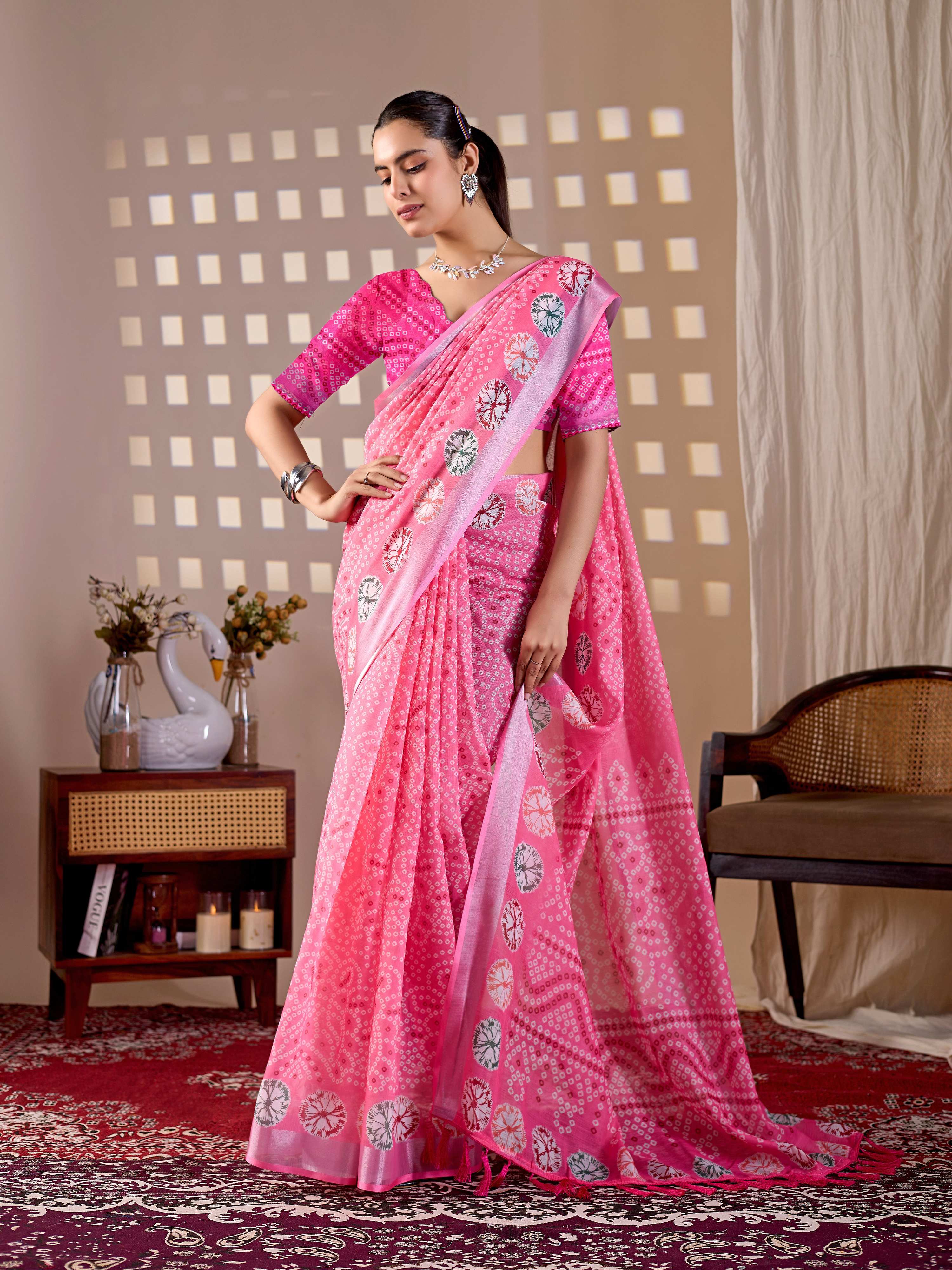 Aastha Fashion Pink Soft Linen Cotton Printed Saree