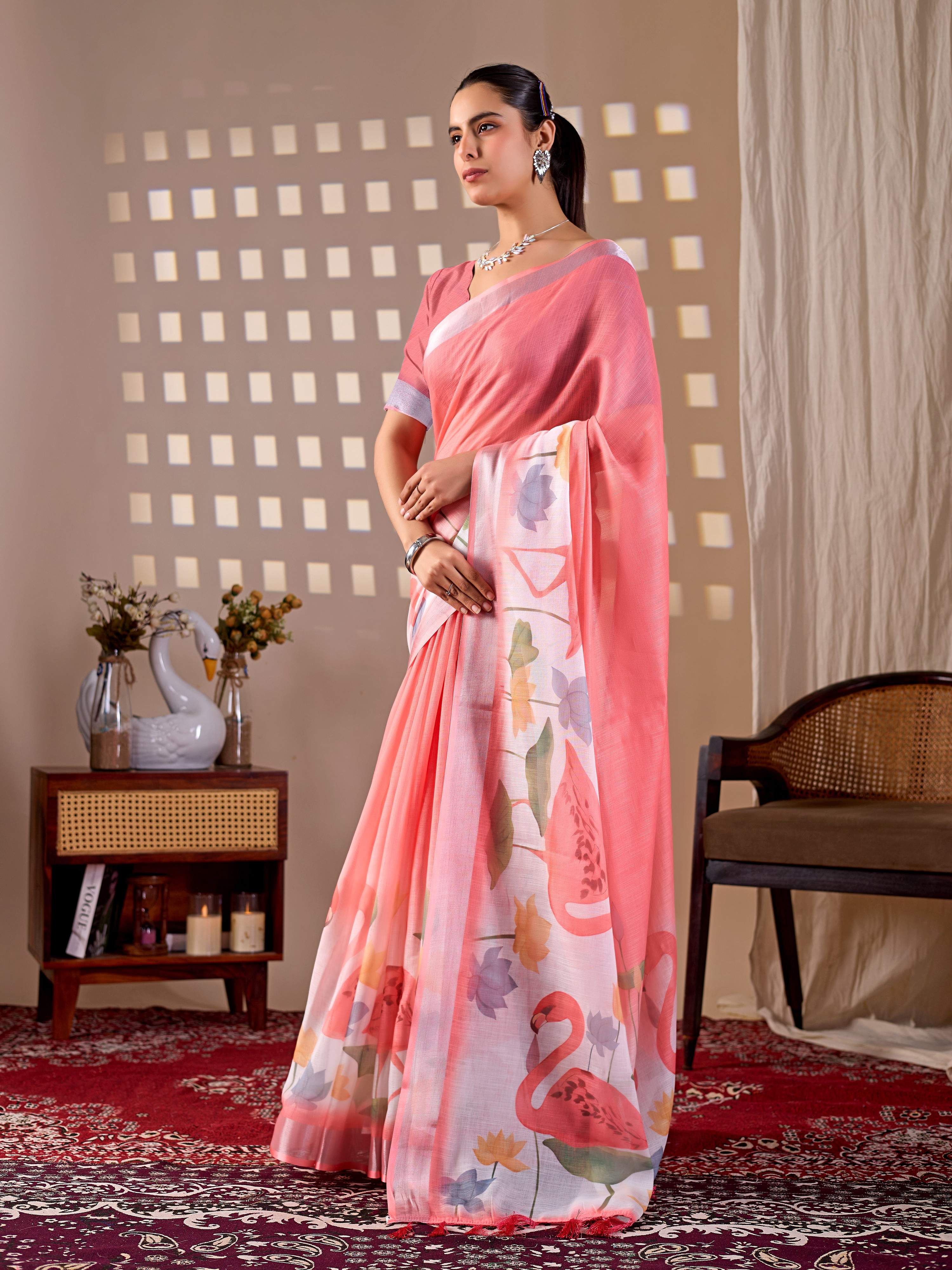 Aastha Fashion Peach Soft Linen Cotton Printed Saree