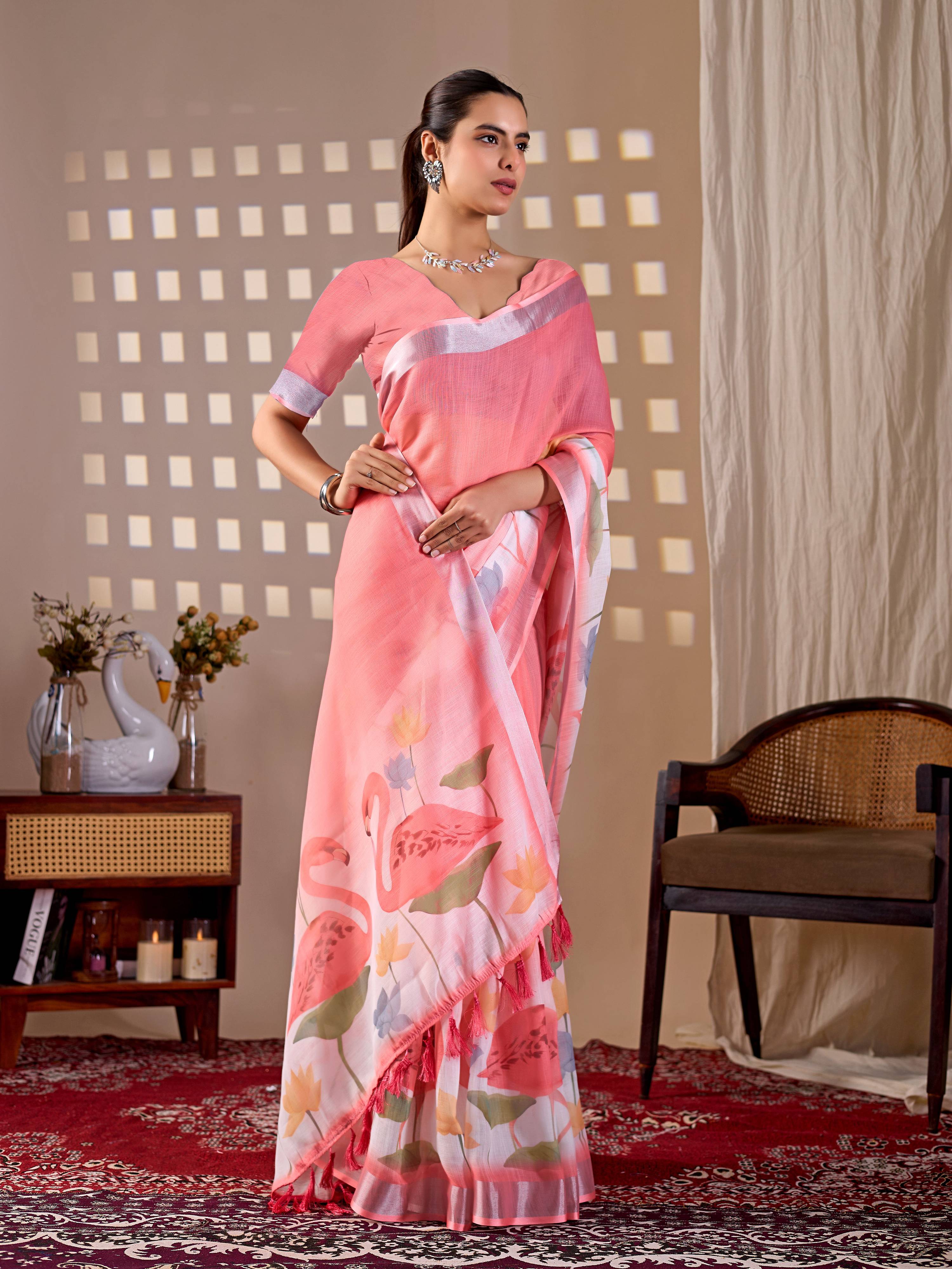 Aastha Fashion Peach Soft Linen Cotton Printed Saree