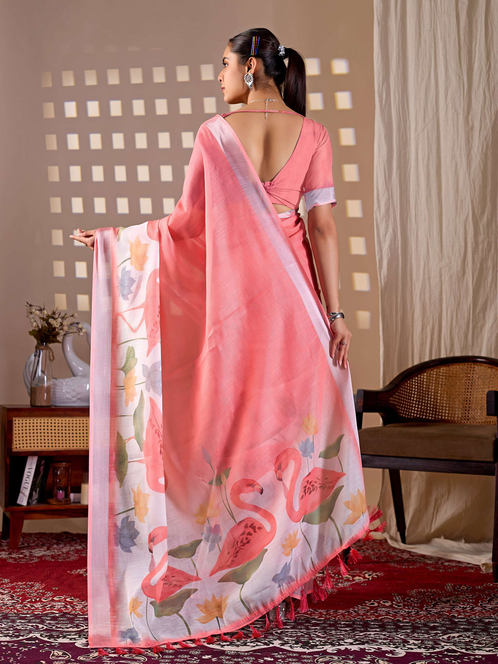 Aastha Fashion Peach Soft Linen Cotton Printed Saree