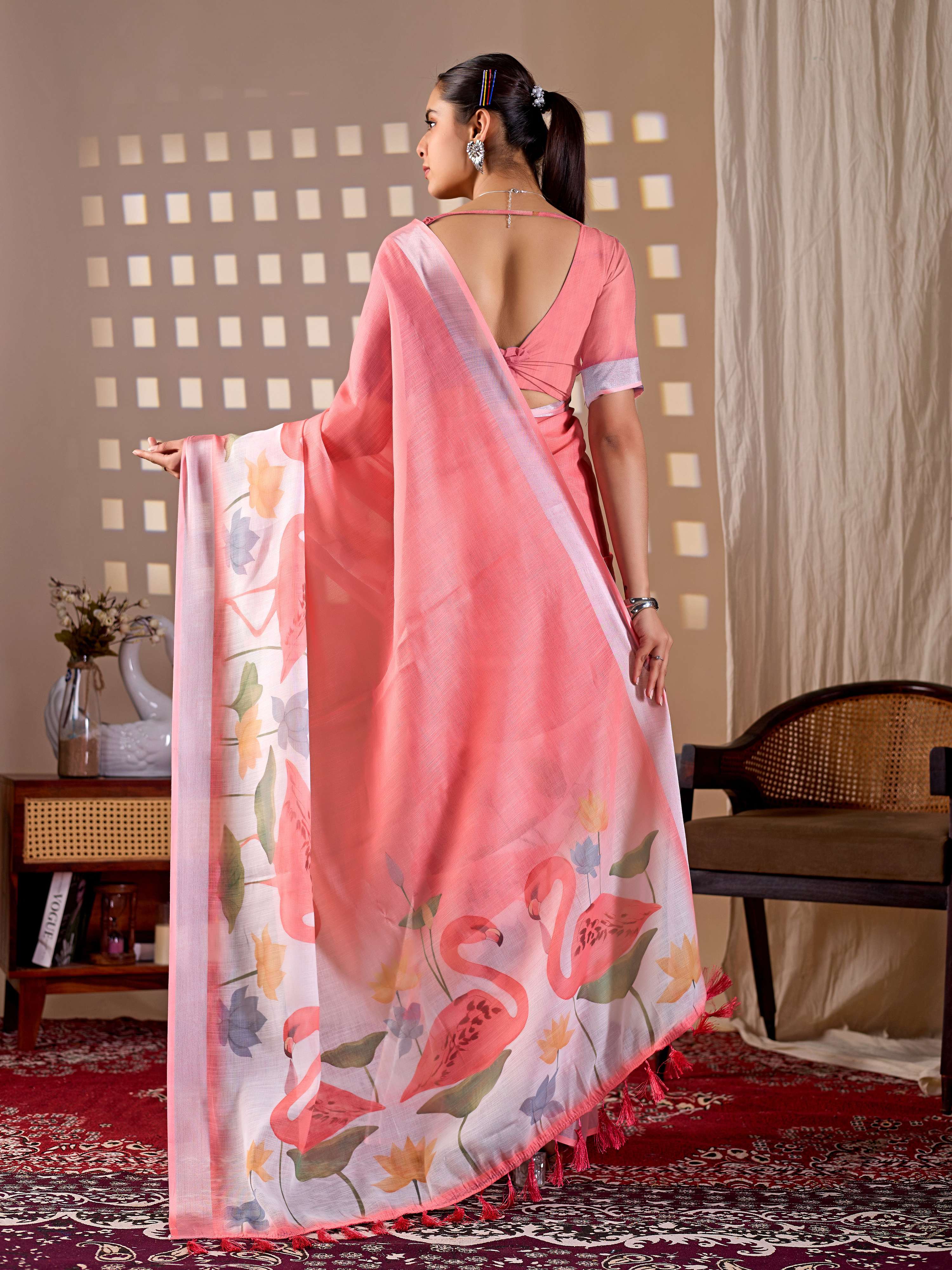 Aastha Fashion Peach Soft Linen Cotton Printed Saree