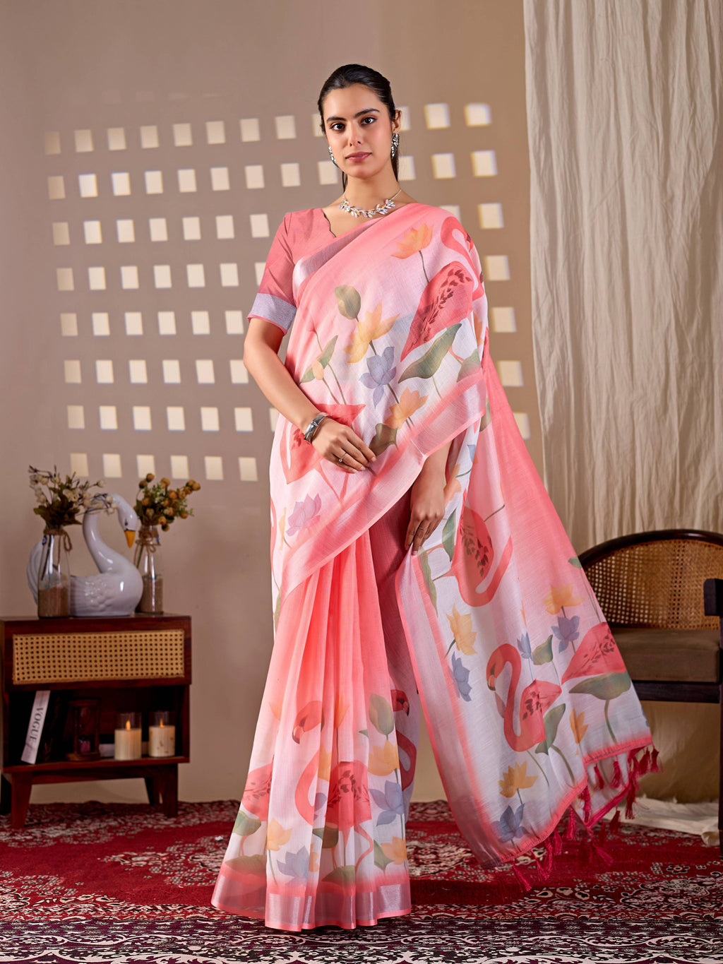 Aastha Fashion Peach Soft Linen Cotton Printed Saree
