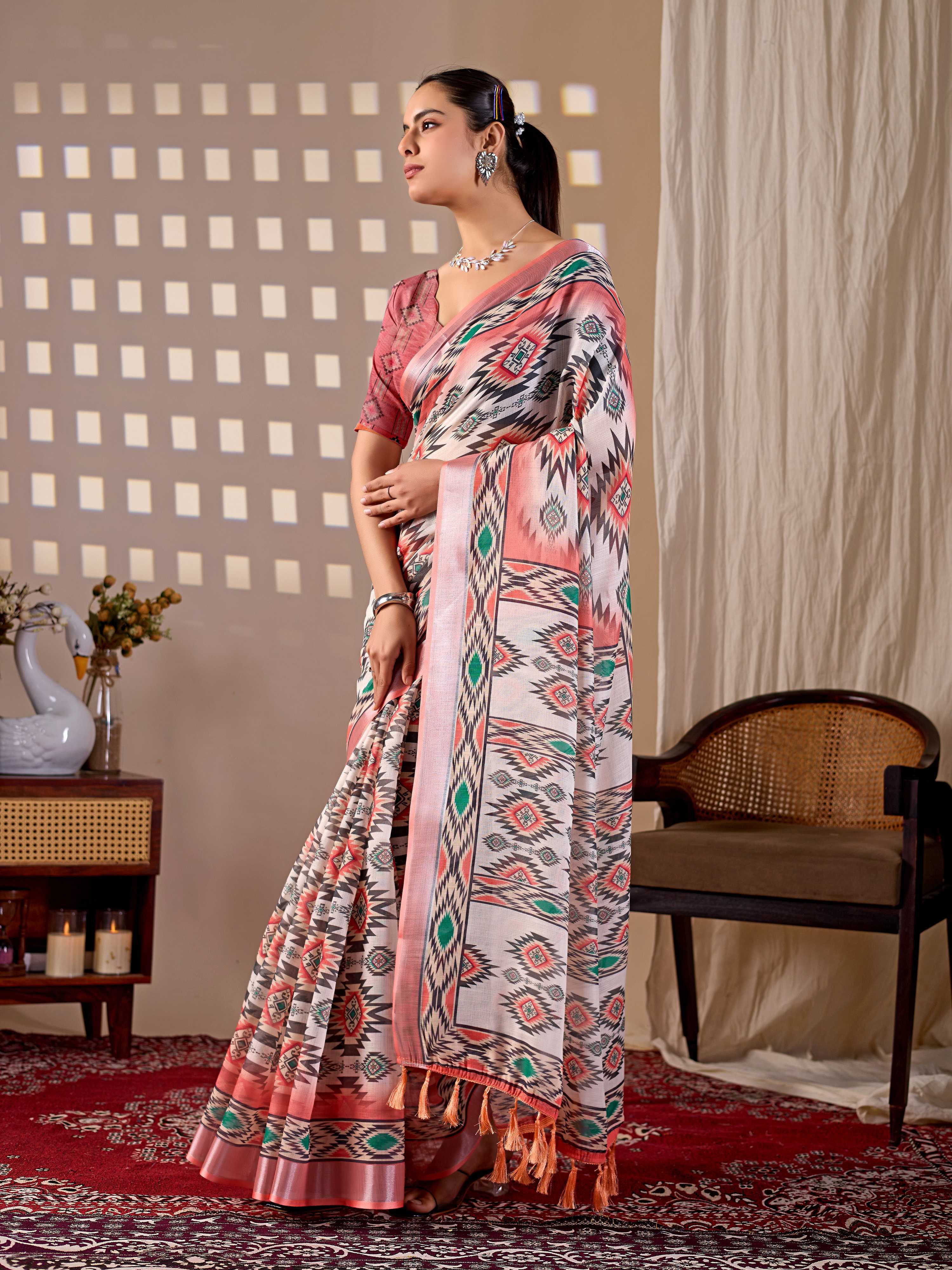 Aastha Fashion Multi Soft Linen Cotton Printed Saree